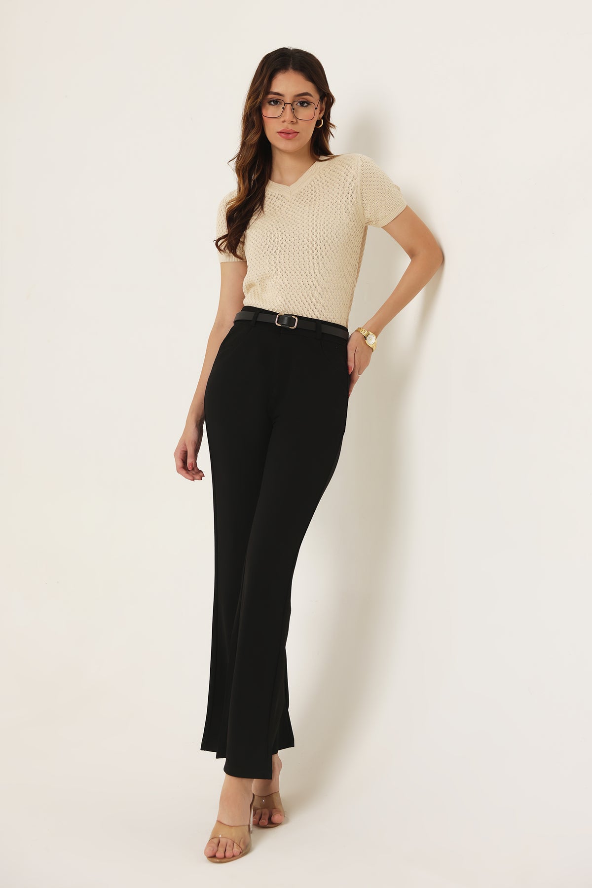Rauth Women Knitted V Neck Top | Short Sleeve Textured Knit T-Shirt | Stylish Casual Western Wear Top for Women