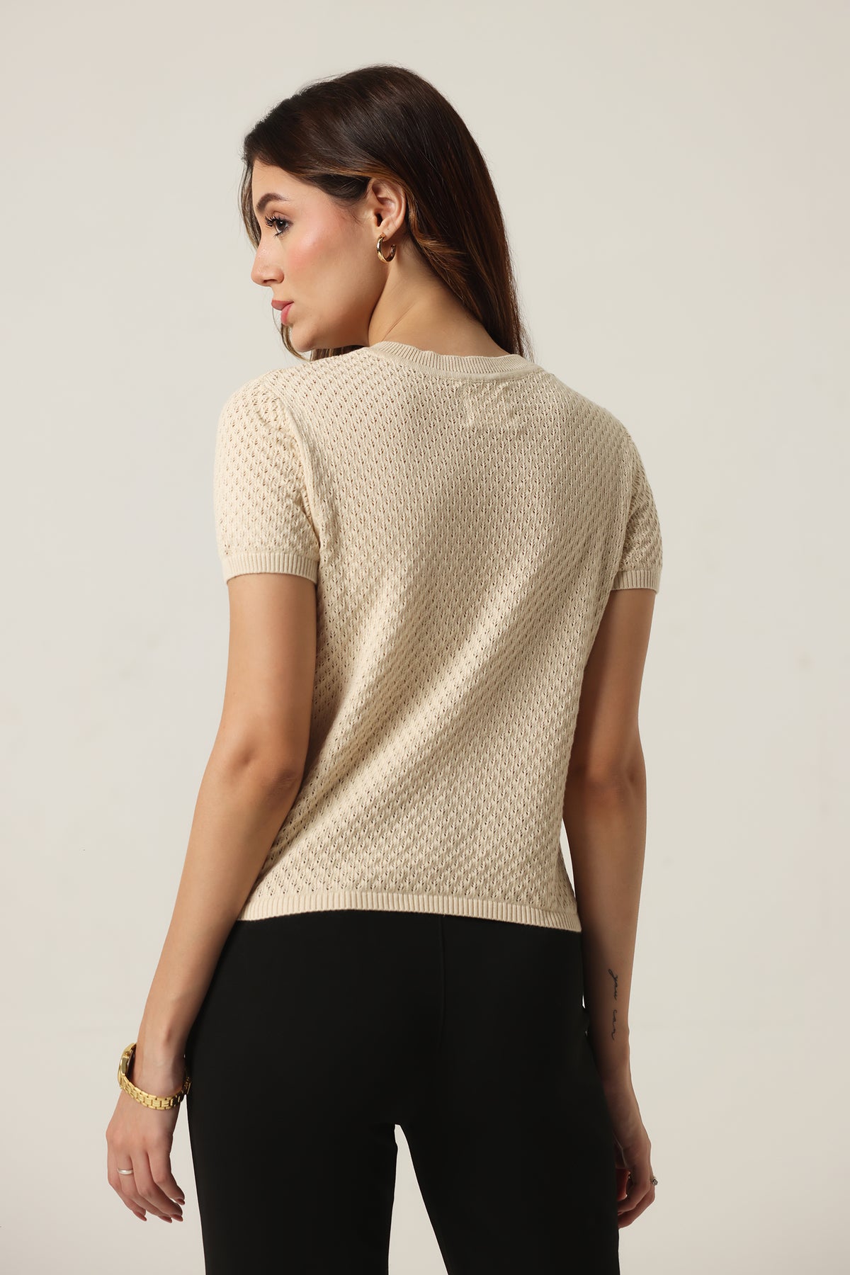 Rauth Women Knitted V Neck Top | Short Sleeve Textured Knit T-Shirt | Stylish Casual Western Wear Top for Women