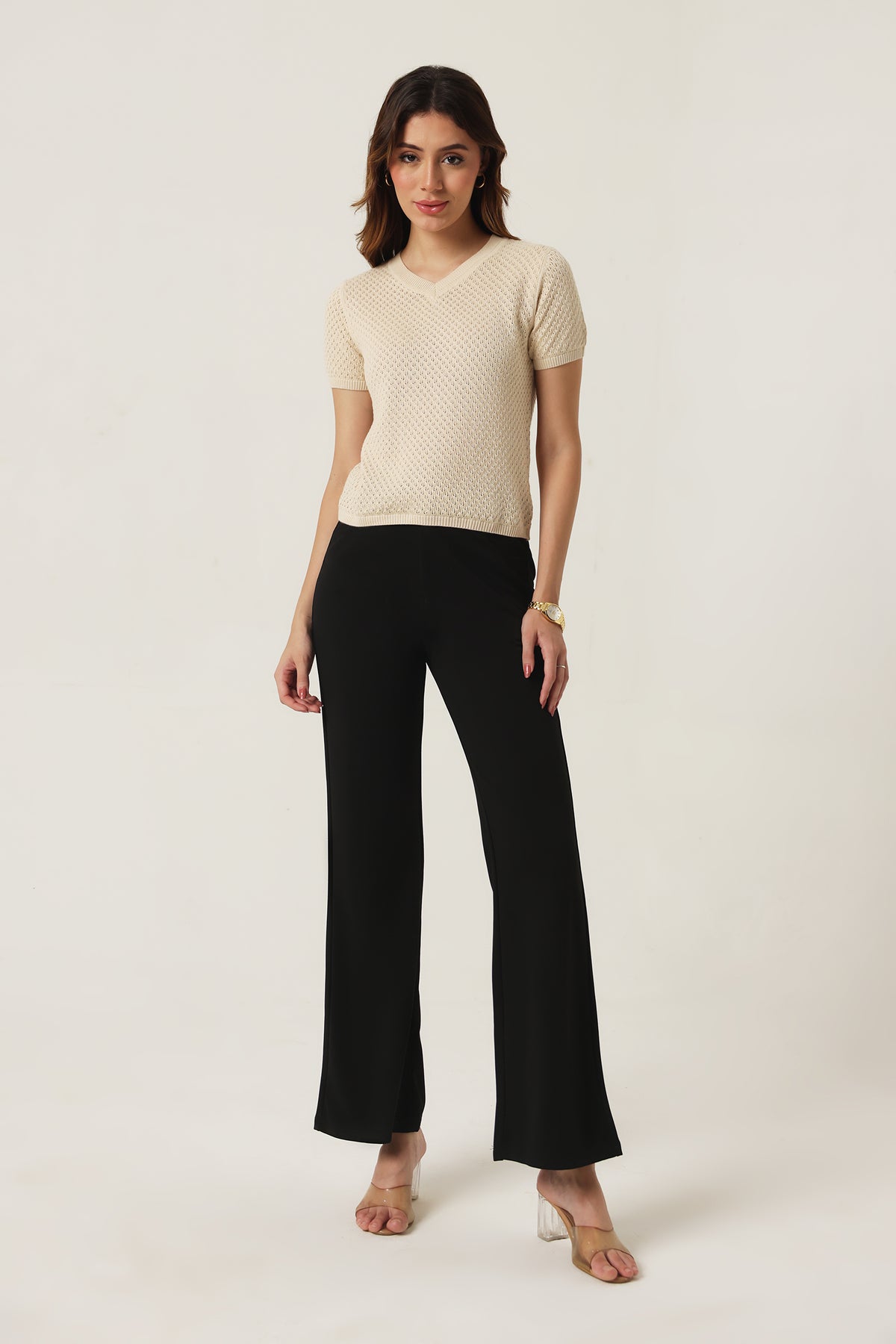 Rauth Women Knitted V Neck Top | Short Sleeve Textured Knit T-Shirt | Stylish Casual Western Wear Top for Women