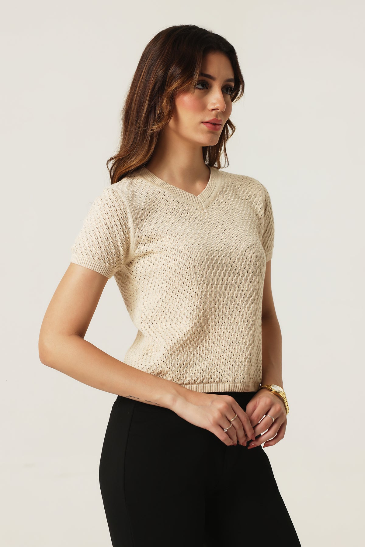 Rauth Women Knitted V Neck Top | Short Sleeve Textured Knit T-Shirt | Stylish Casual Western Wear Top for Women