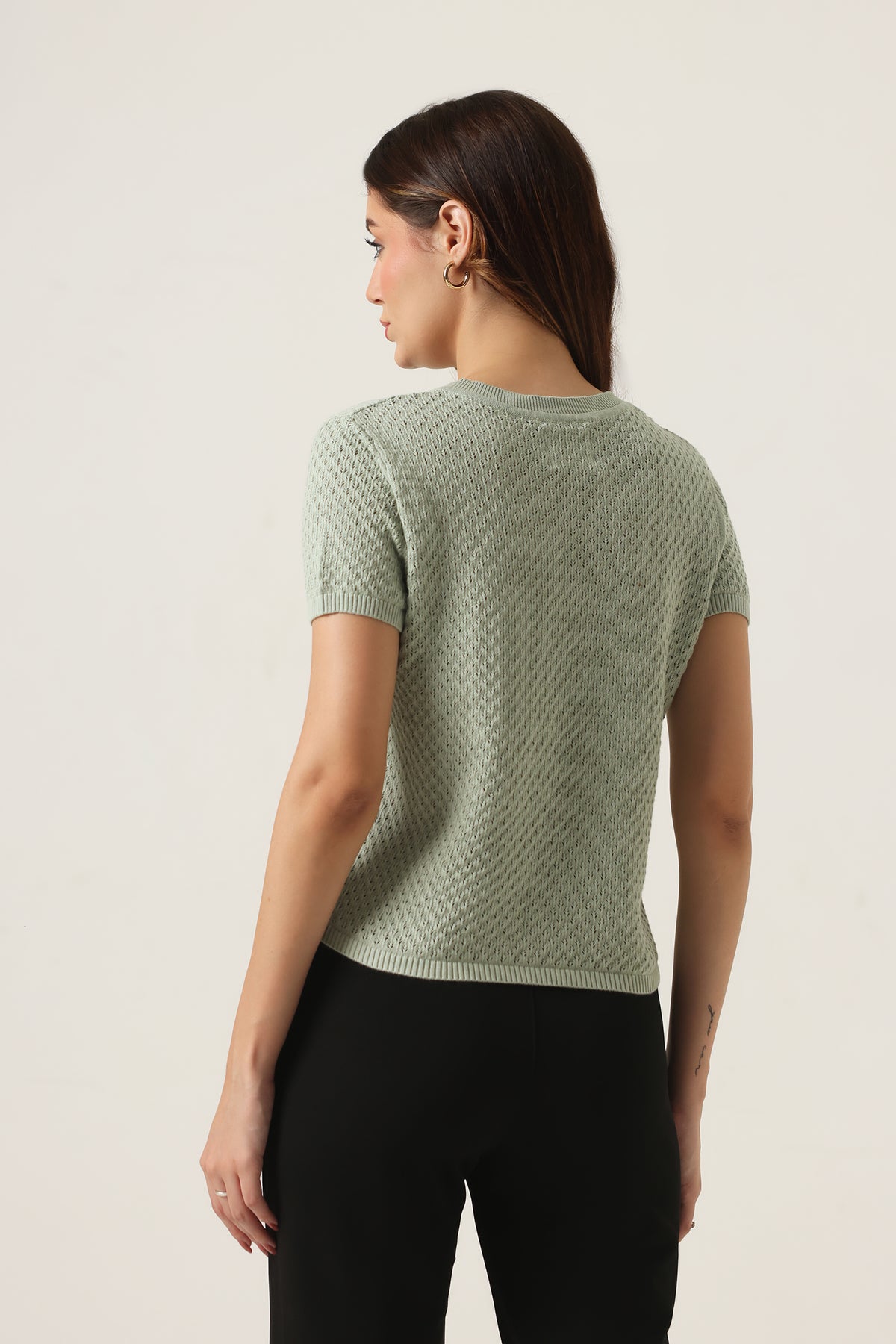 Rauth Women Knitted V Neck Top | Short Sleeve Textured Knit T-Shirt | Stylish Casual Western Wear Top for Women