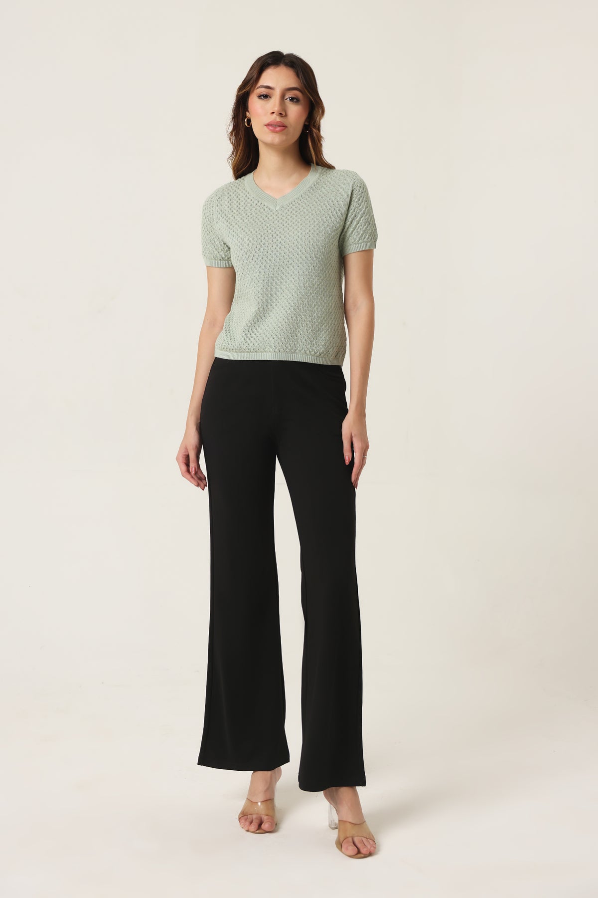 Rauth Women Knitted V Neck Top | Short Sleeve Textured Knit T-Shirt | Stylish Casual Western Wear Top for Women