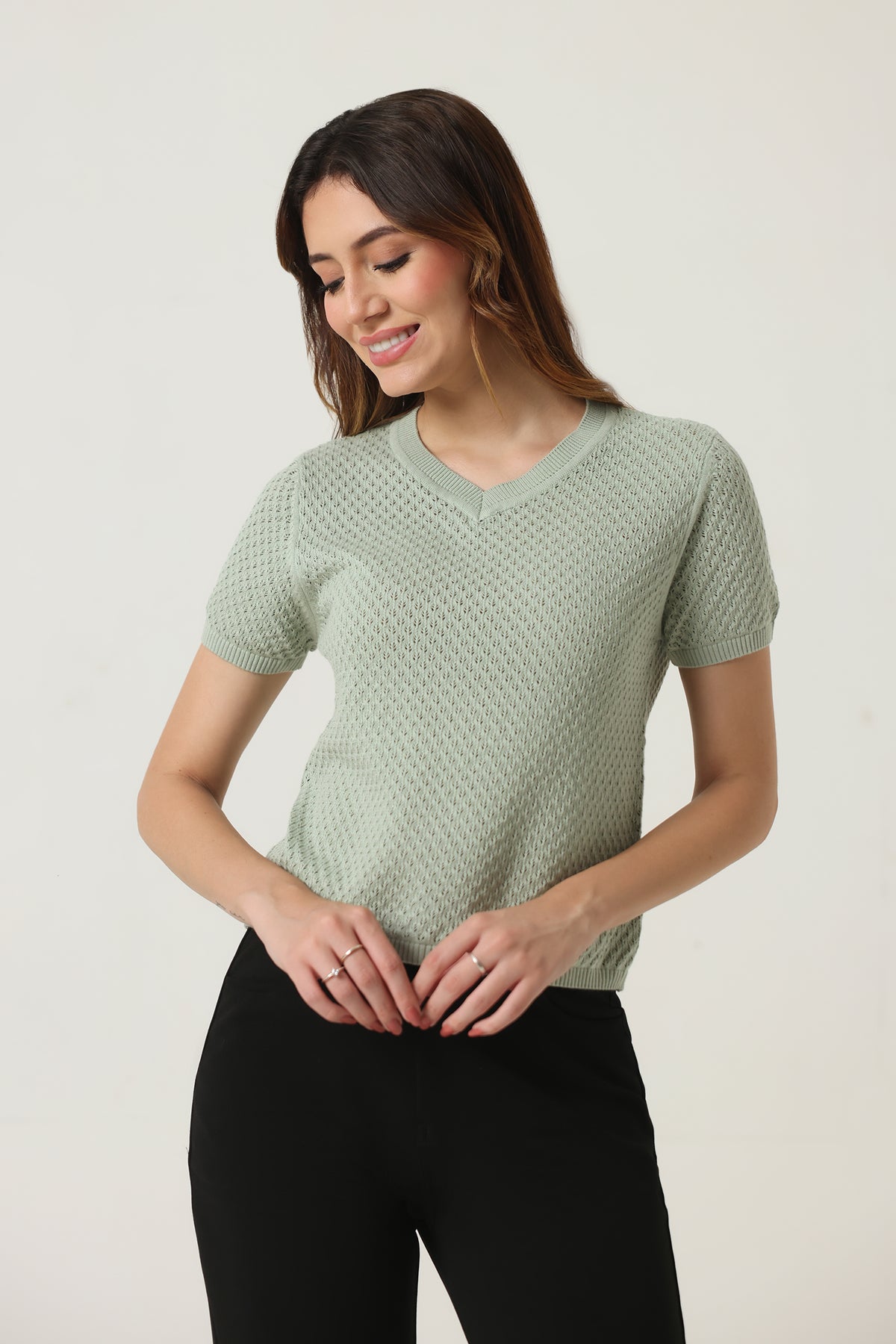 Rauth Women Knitted V Neck Top | Short Sleeve Textured Knit T-Shirt | Stylish Casual Western Wear Top for Women