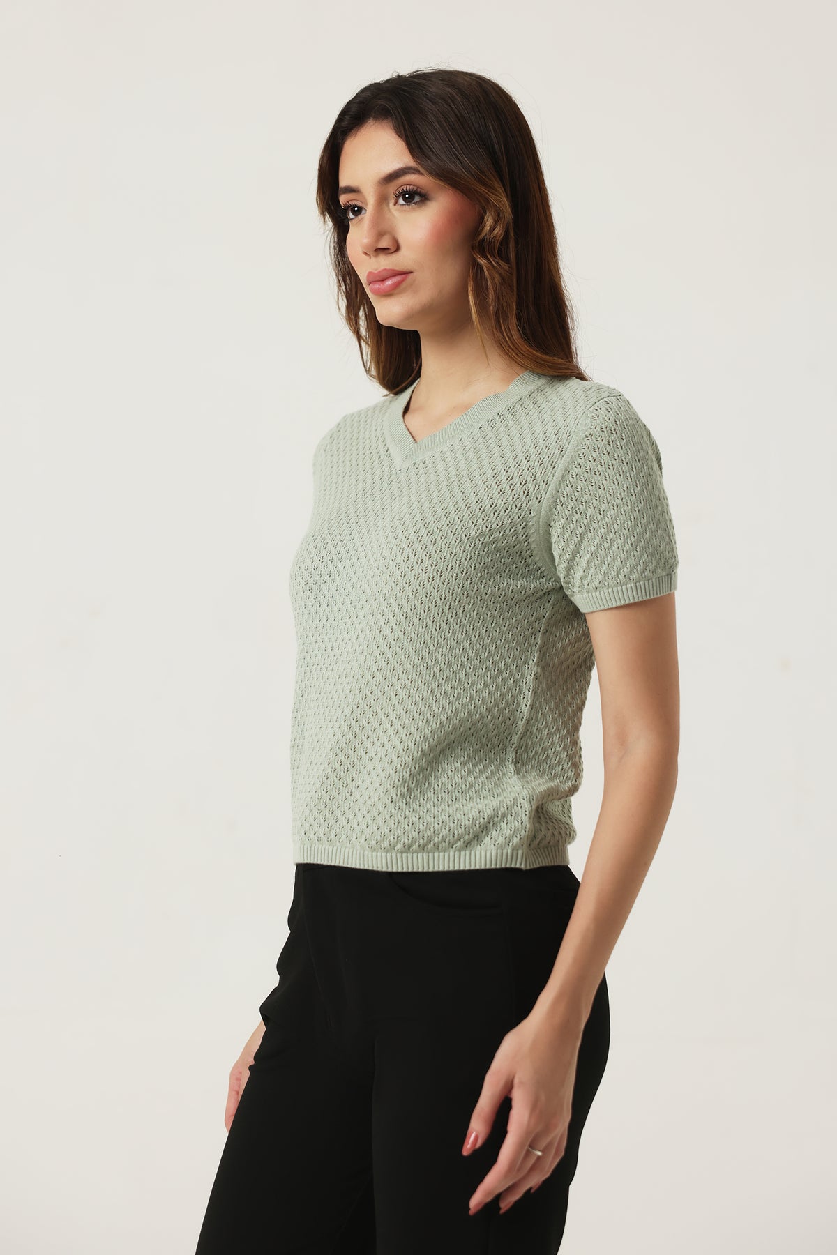 Rauth Women Knitted V Neck Top | Short Sleeve Textured Knit T-Shirt | Stylish Casual Western Wear Top for Women