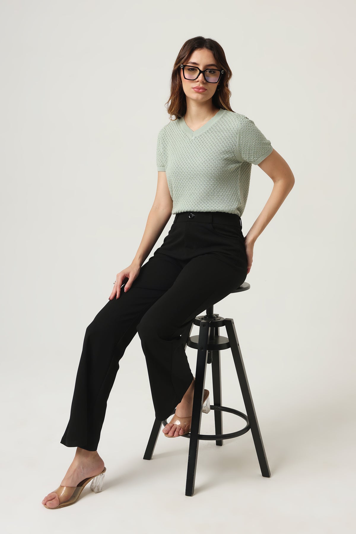Rauth Women Knitted V Neck Top | Short Sleeve Textured Knit T-Shirt | Stylish Casual Western Wear Top for Women