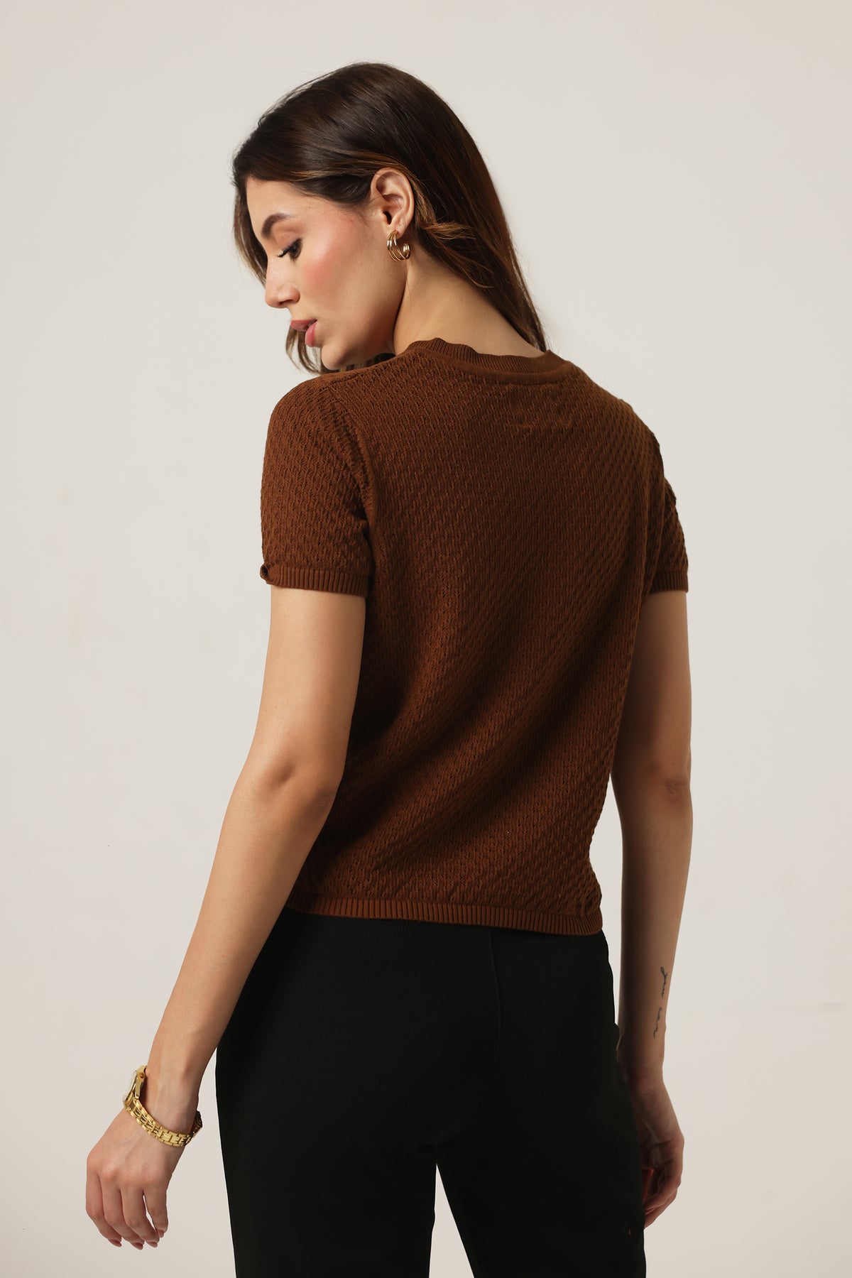 Rauth Women Knitted V Neck Top | Short Sleeve Textured Knit T-Shirt | Stylish Casual Western Wear Top for Women