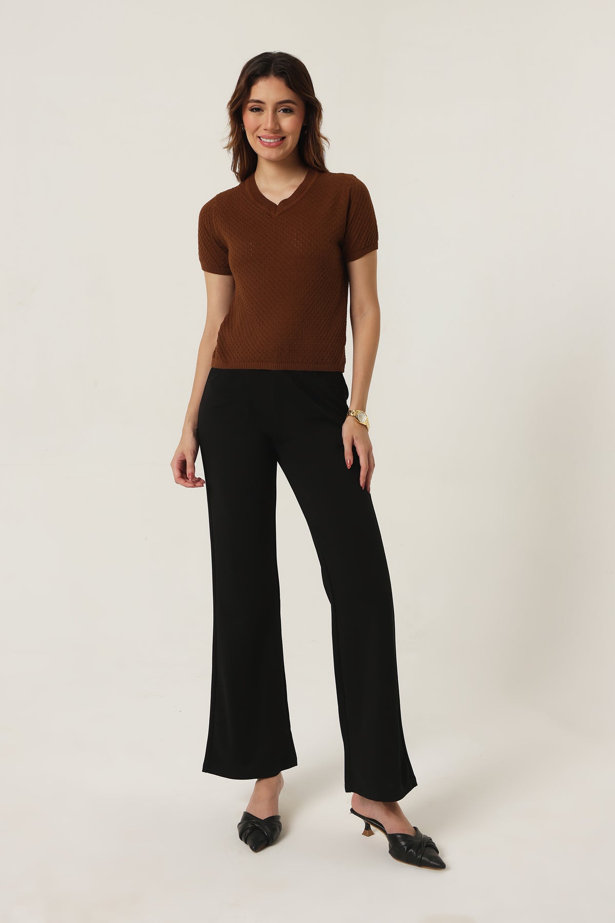 Rauth Women Knitted V Neck Top | Short Sleeve Textured Knit T-Shirt | Stylish Casual Western Wear Top for Women