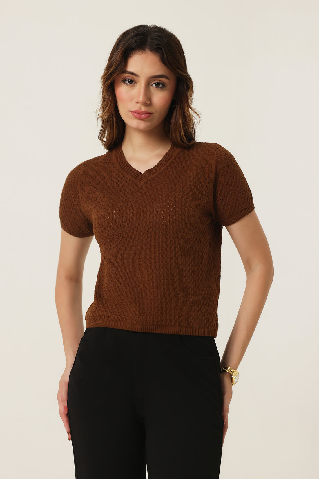 Rauth Women Knitted V Neck Top | Short Sleeve Textured Knit T-Shirt | Stylish Casual Western Wear Top for Women