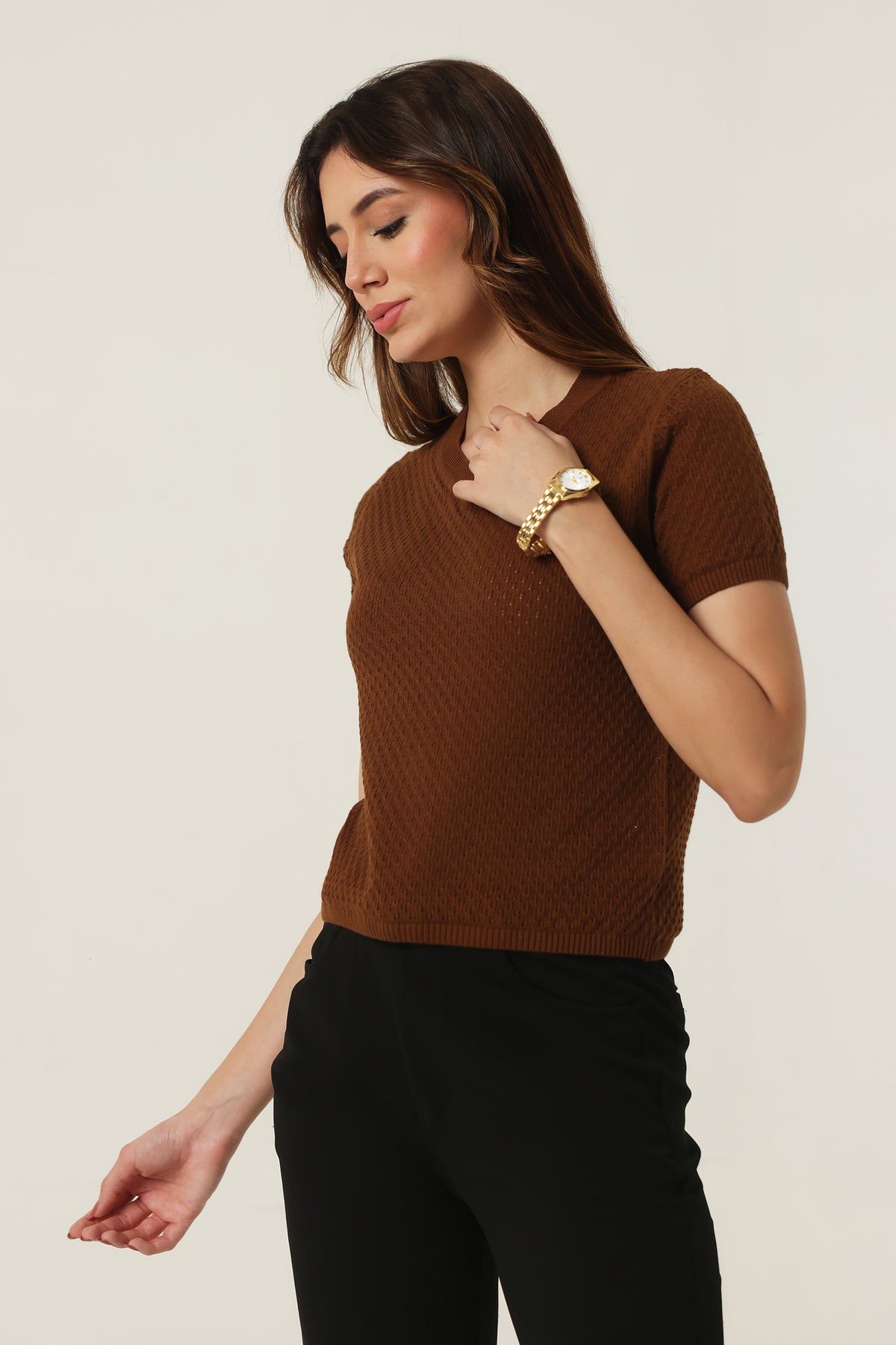 Rauth Women Knitted V Neck Top | Short Sleeve Textured Knit T-Shirt | Stylish Casual Western Wear Top for Women