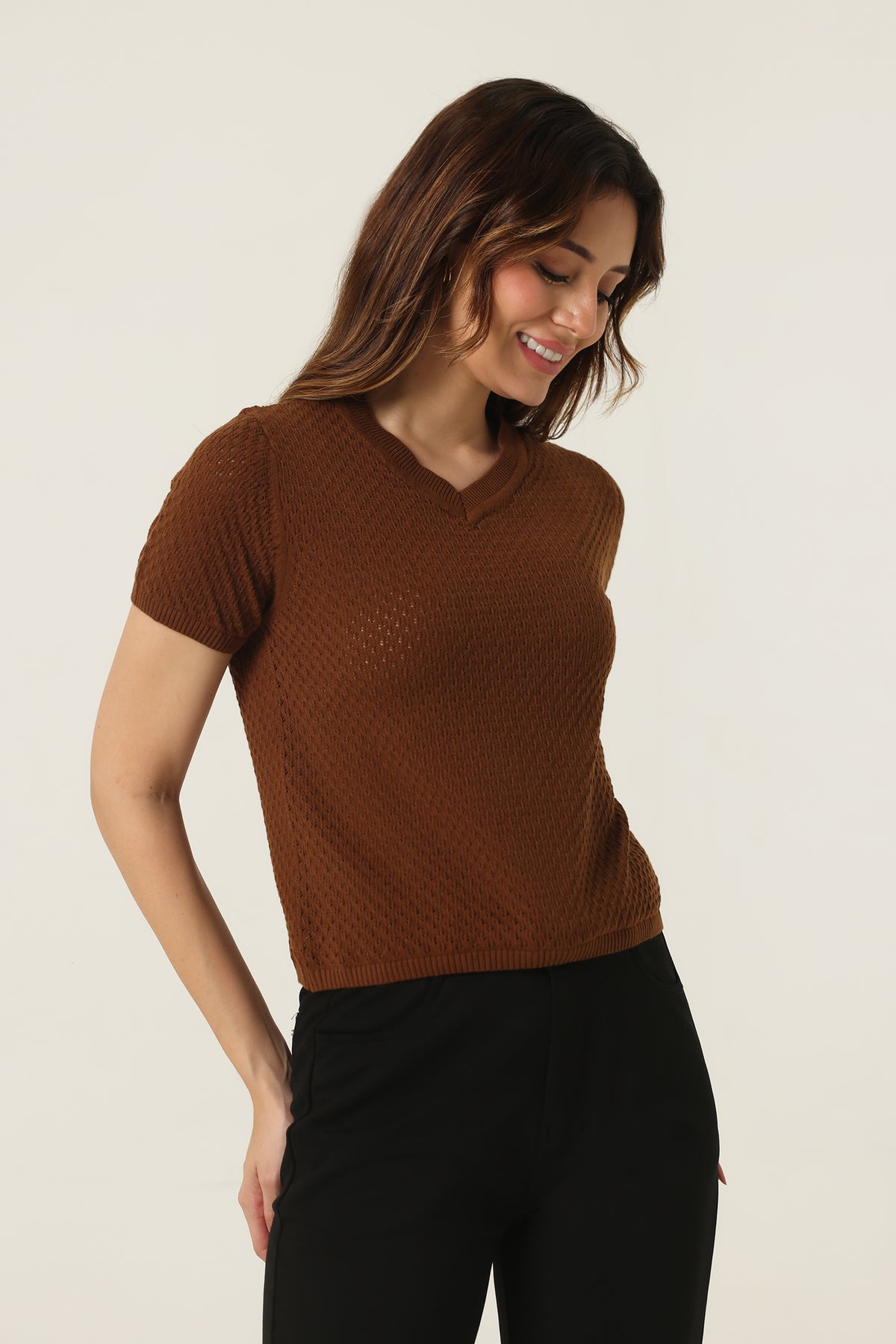 Rauth Women Knitted V Neck Top | Short Sleeve Textured Knit T-Shirt | Stylish Casual Western Wear Top for Women