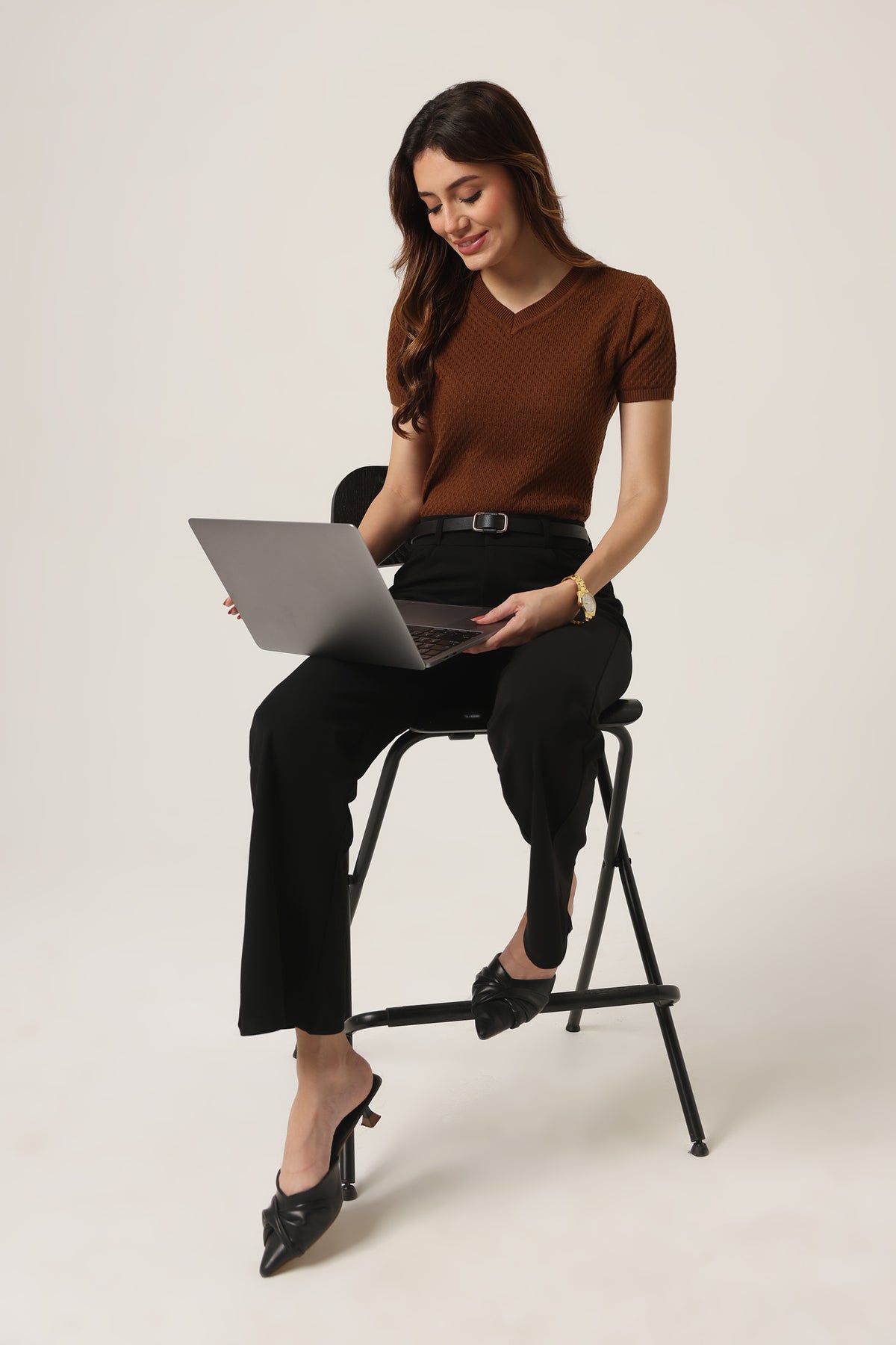 Rauth Women Knitted V Neck Top | Short Sleeve Textured Knit T-Shirt | Stylish Casual Western Wear Top for Women