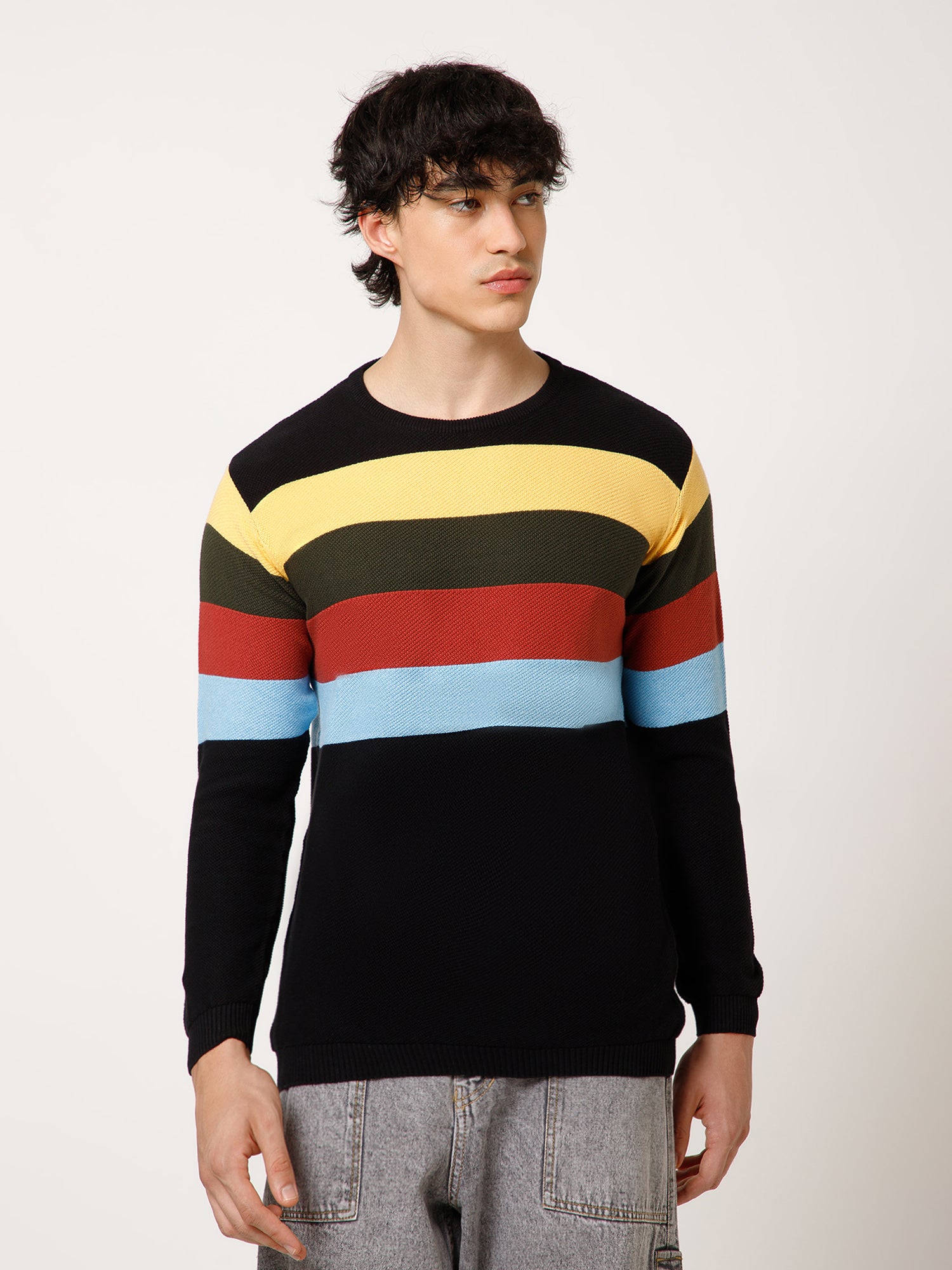 Retro Striped Knit Sweater with Modern Streetwear