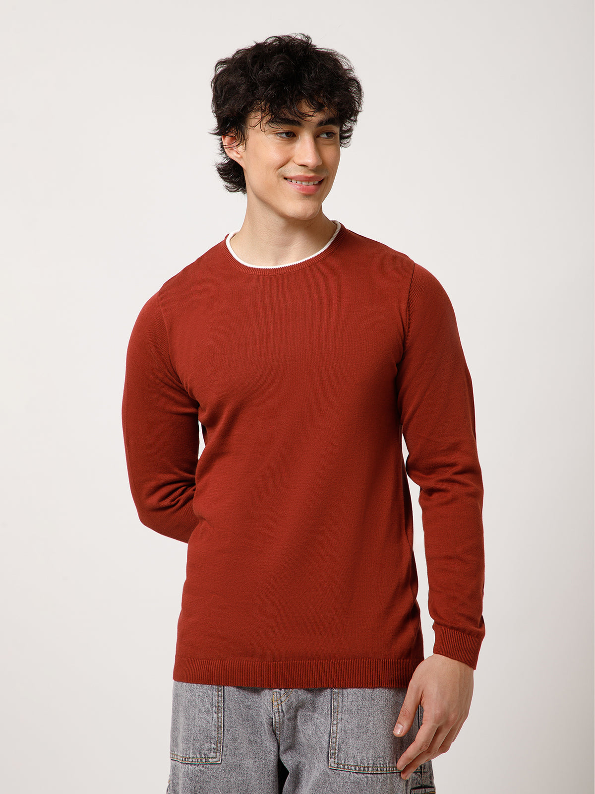 Men Full-Sleeves T-shirt Plain Round Neck 100% Cotton Blend