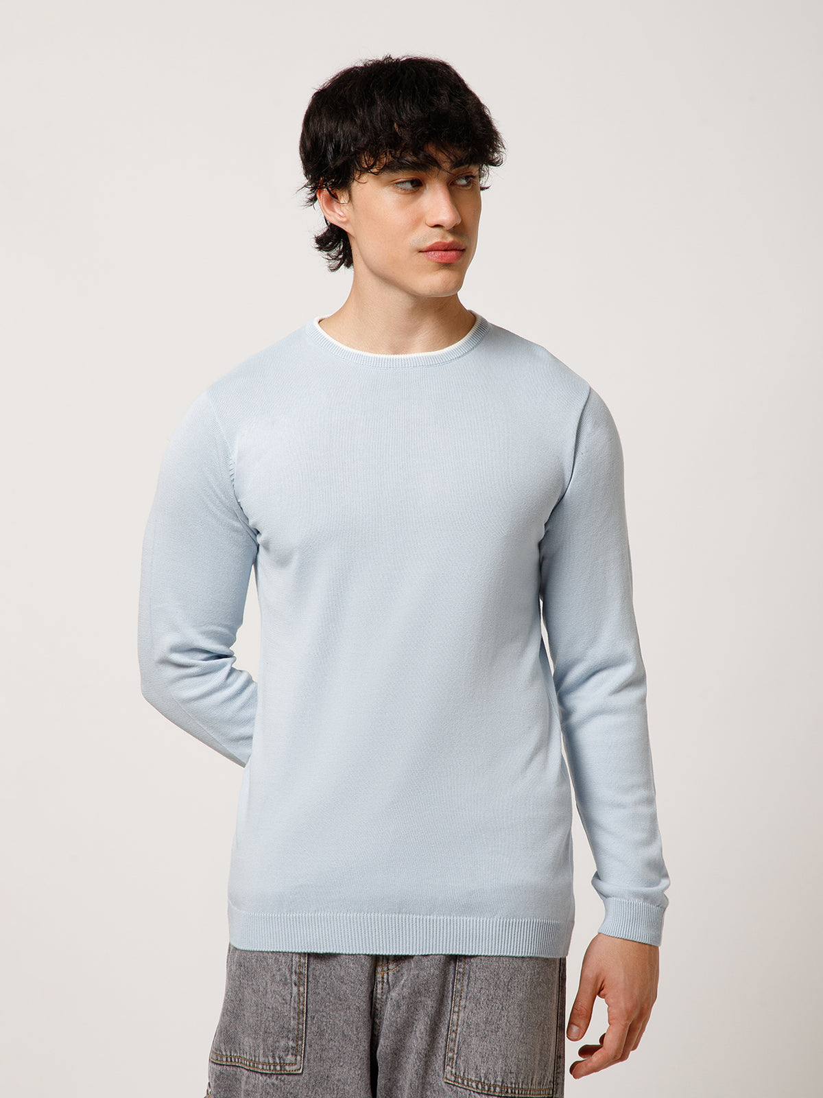 Men Full-Sleeves T-shirt Plain Round Neck 100% Cotton Blend