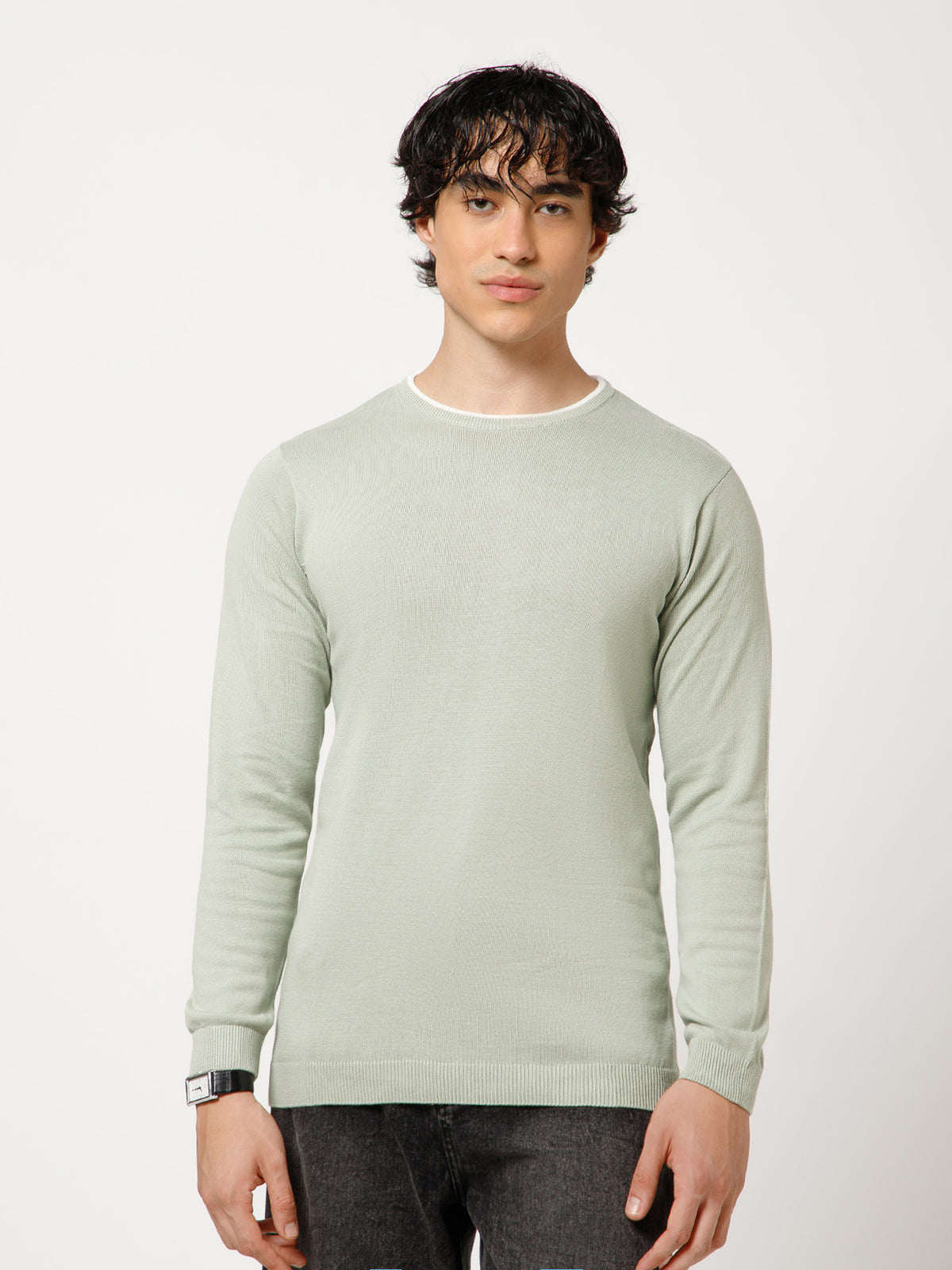 Men Full-Sleeves T-shirt Plain Round Neck 100% Cotton Blend