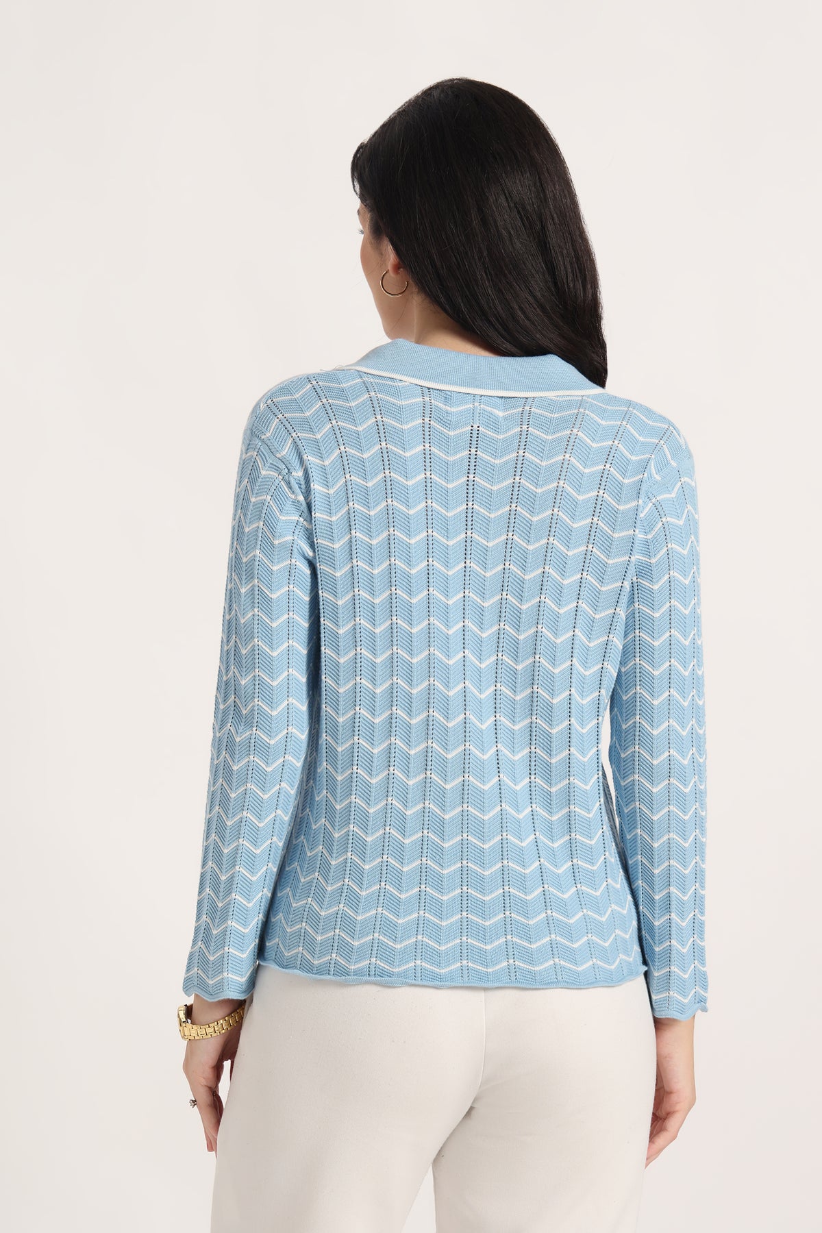 Rauth Women Knitted Polo Neck Top | Full Sleeve Chevron Pattern Sweater T-Shirt | Stylish Casual Western Wear