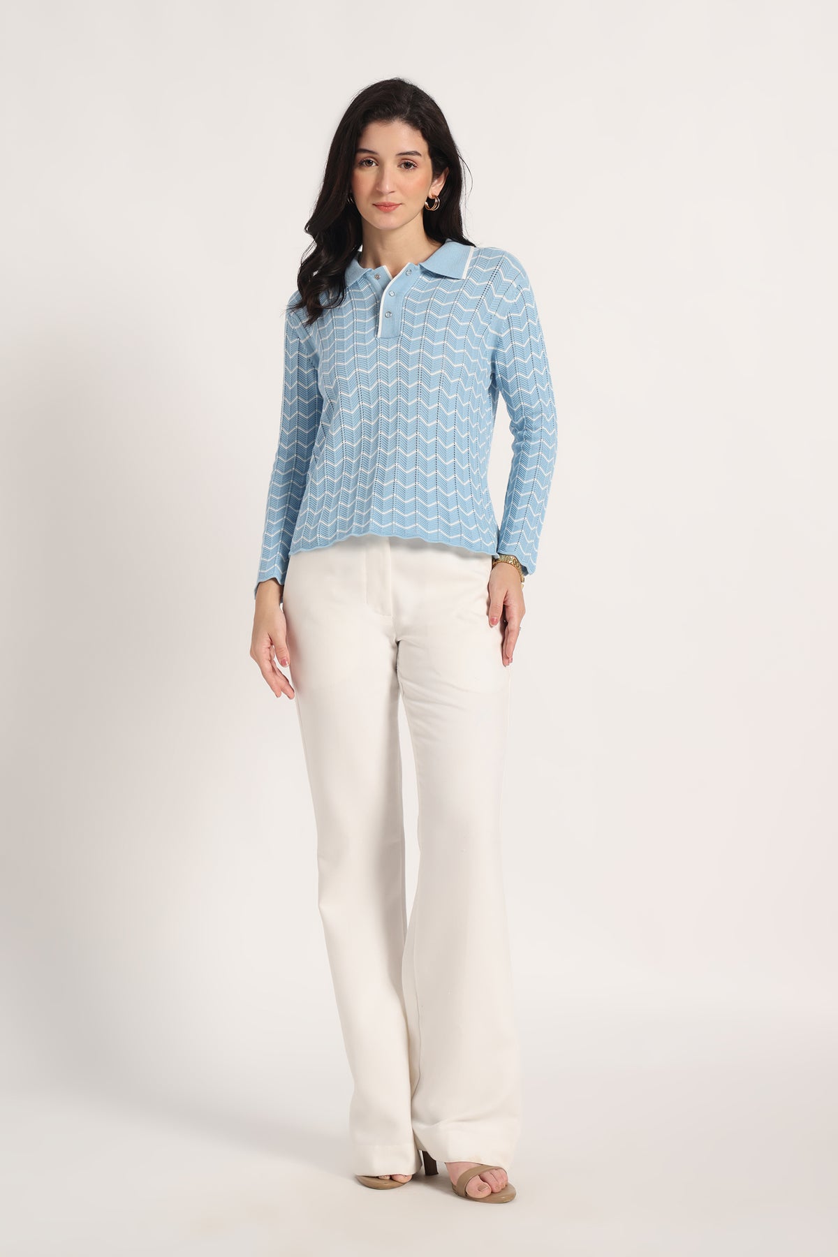 Rauth Women Knitted Polo Neck Top | Full Sleeve Chevron Pattern Sweater T-Shirt | Stylish Casual Western Wear