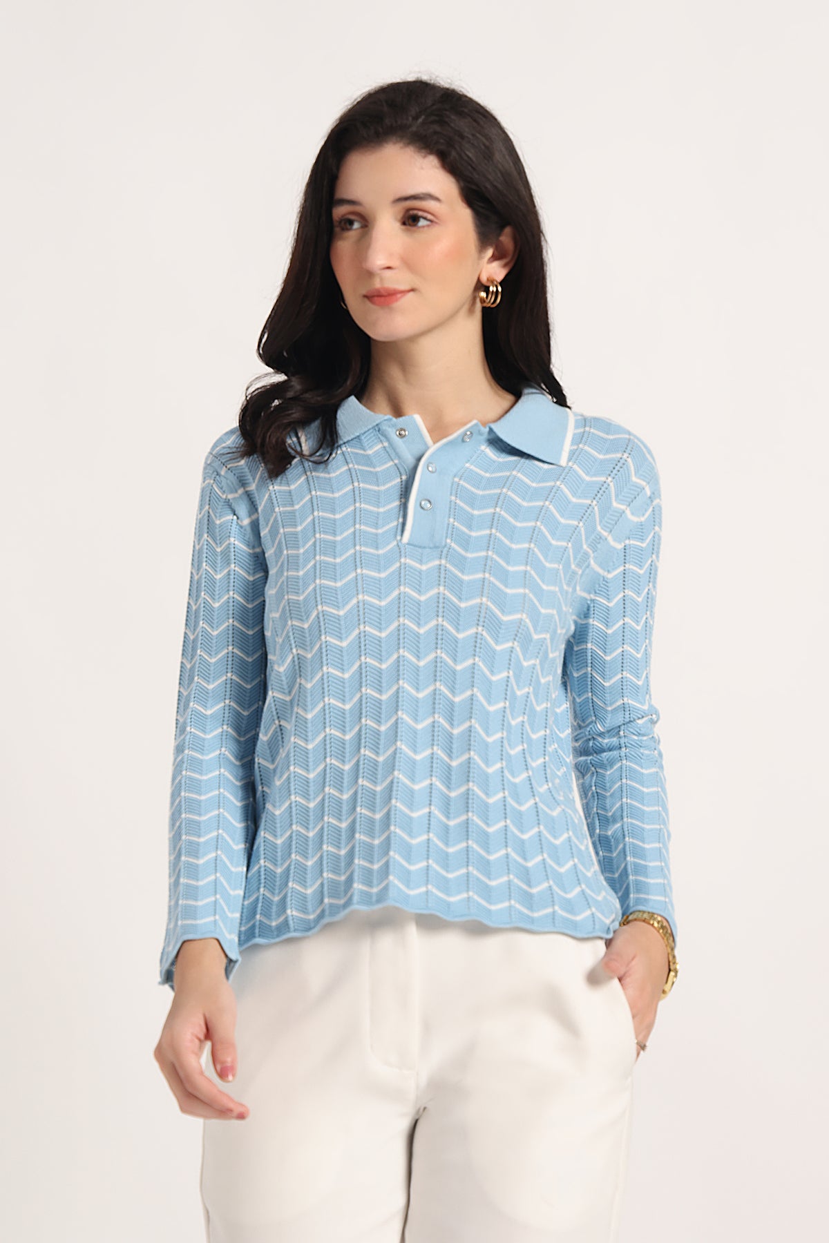 Rauth Women Knitted Polo Neck Top | Full Sleeve Chevron Pattern Sweater T-Shirt | Stylish Casual Western Wear