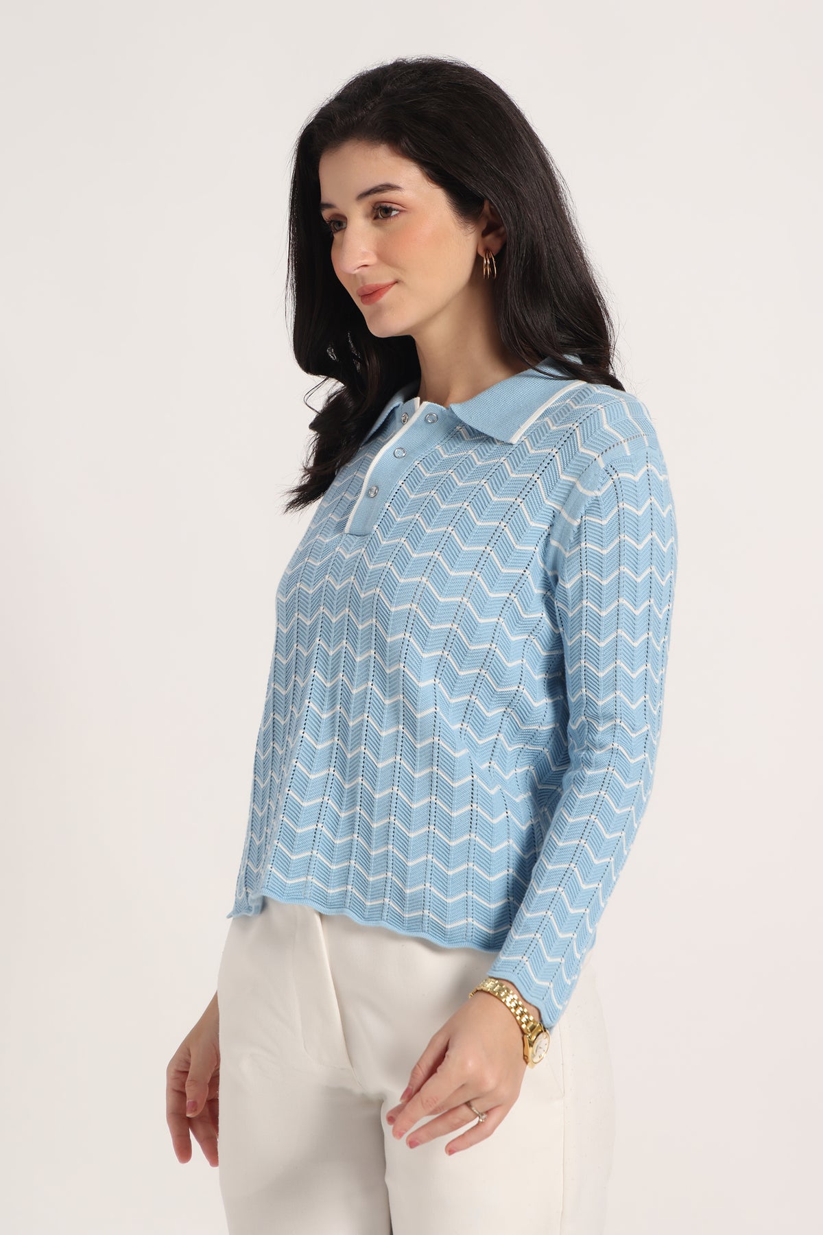 Rauth Women Knitted Polo Neck Top | Full Sleeve Chevron Pattern Sweater T-Shirt | Stylish Casual Western Wear