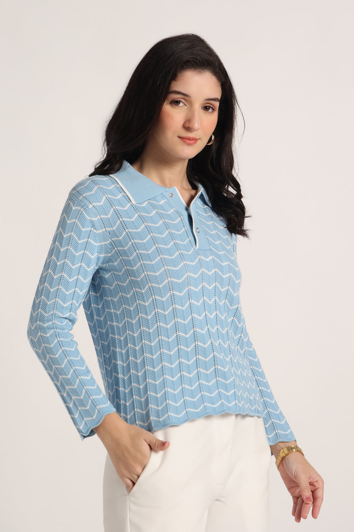Rauth Women Knitted Polo Neck Top | Full Sleeve Chevron Pattern Sweater T-Shirt | Stylish Casual Western Wear