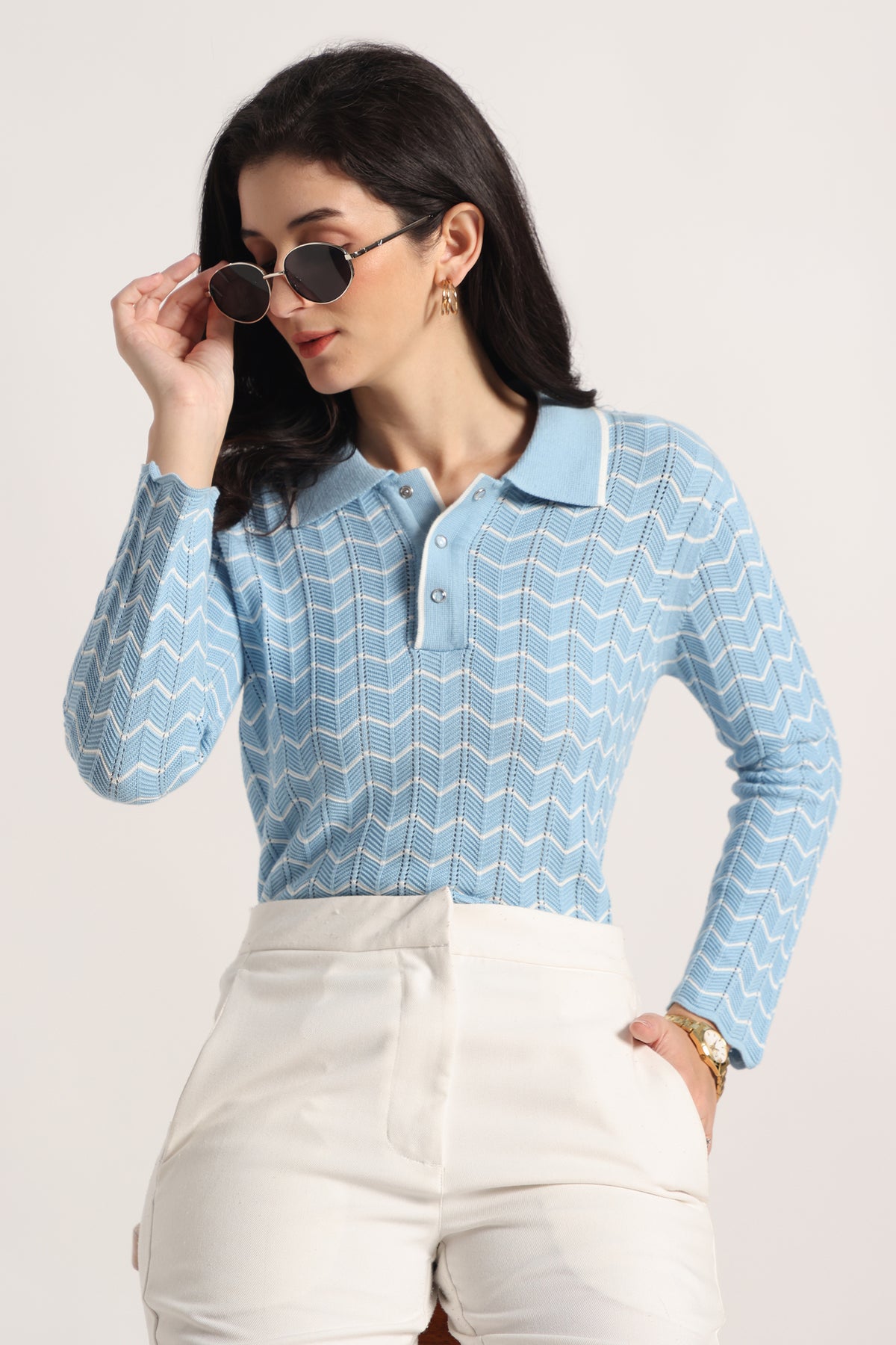 Rauth Women Knitted Polo Neck Top | Full Sleeve Chevron Pattern Sweater T-Shirt | Stylish Casual Western Wear