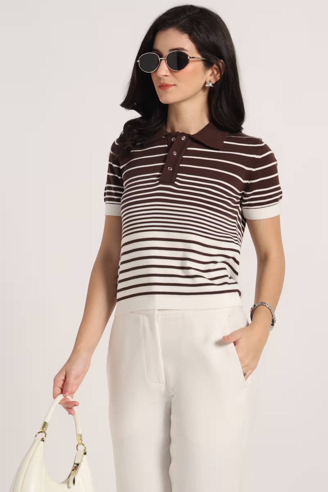 Rauth Women Knitted Polo Collar Top | Short Sleeve Textured Knit T-Shirt | Stylish Casual Western Wear Top for Women
