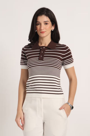 Rauth Women Knitted Polo Collar Top | Short Sleeve Textured Knit T-Shirt | Stylish Casual Western Wear Top for Women