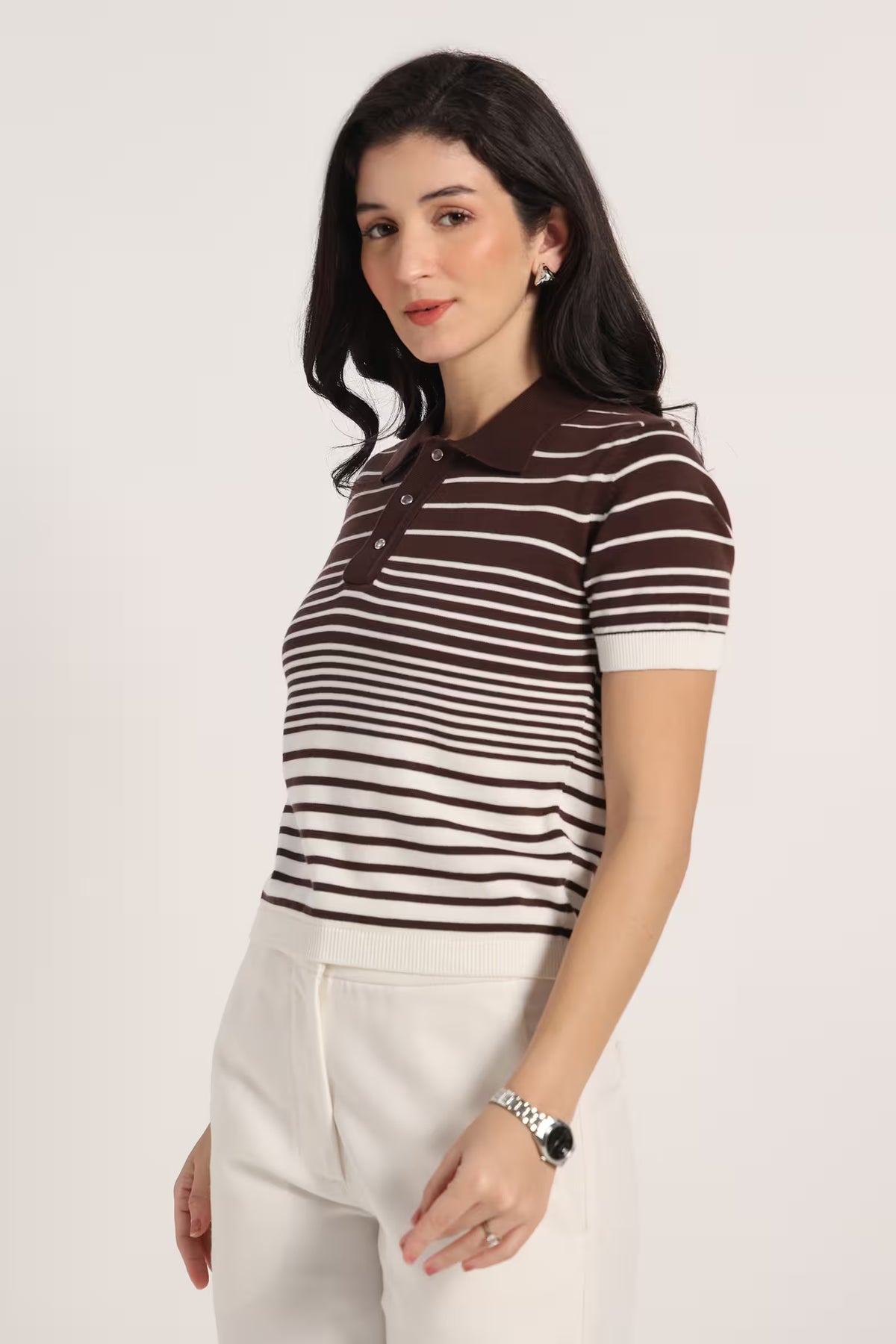 Rauth Women Knitted Polo Collar Top | Short Sleeve Textured Knit T-Shirt | Stylish Casual Western Wear Top for Women