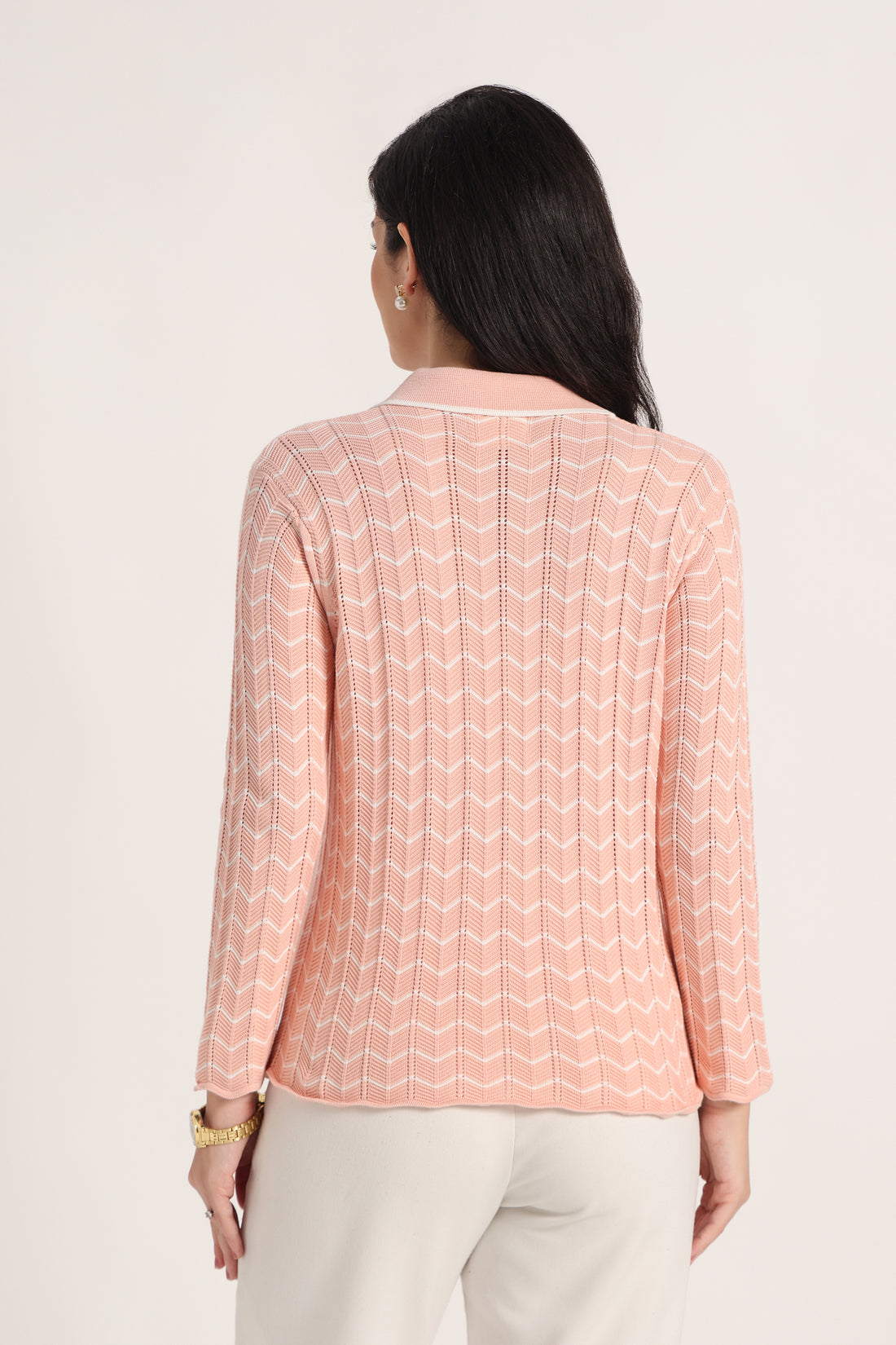 Rauth Women Knitted Polo Neck Top | Full Sleeve Chevron Pattern Sweater T-Shirt | Stylish Casual Western Wear