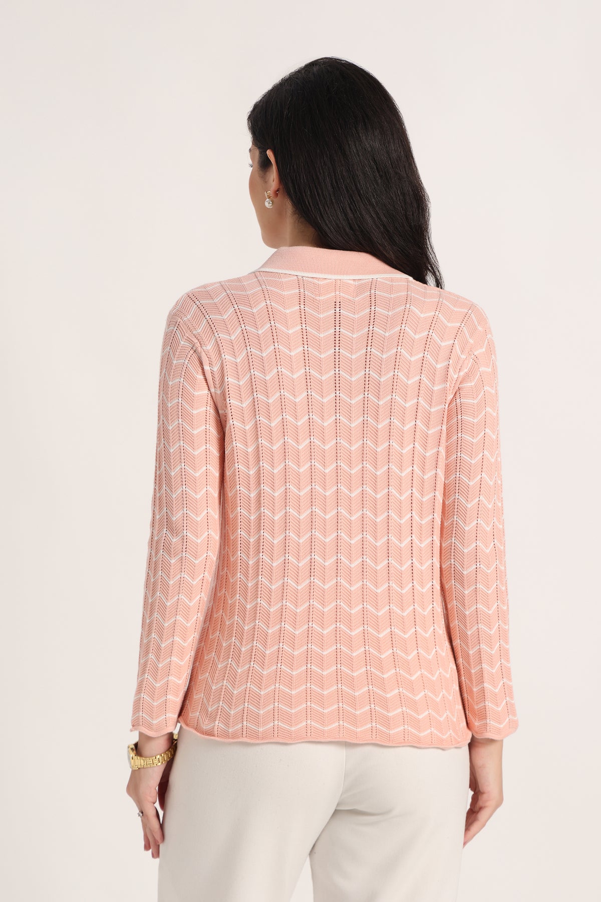 Rauth Women Knitted Polo Neck Top | Full Sleeve Chevron Pattern Sweater T-Shirt | Stylish Casual Western Wear