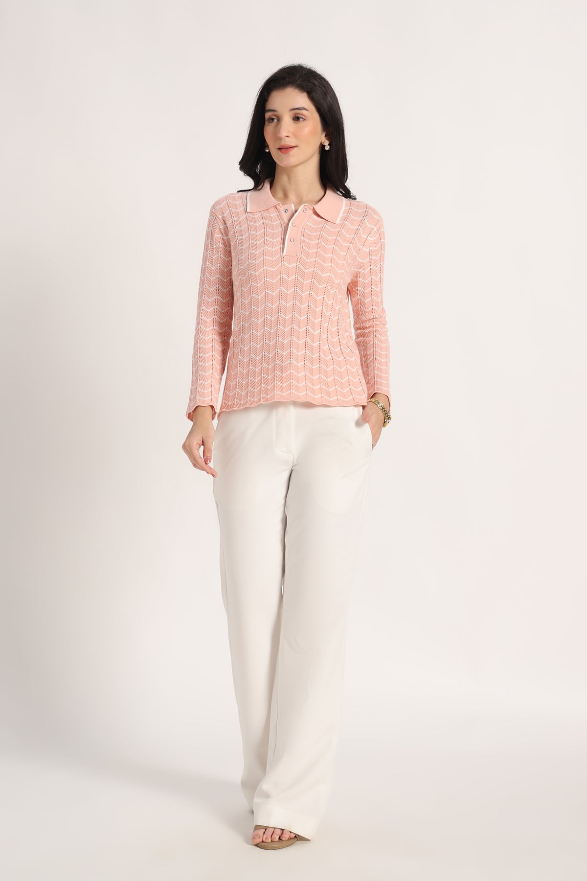Rauth Women Knitted Polo Neck Top | Full Sleeve Chevron Pattern Sweater T-Shirt | Stylish Casual Western Wear