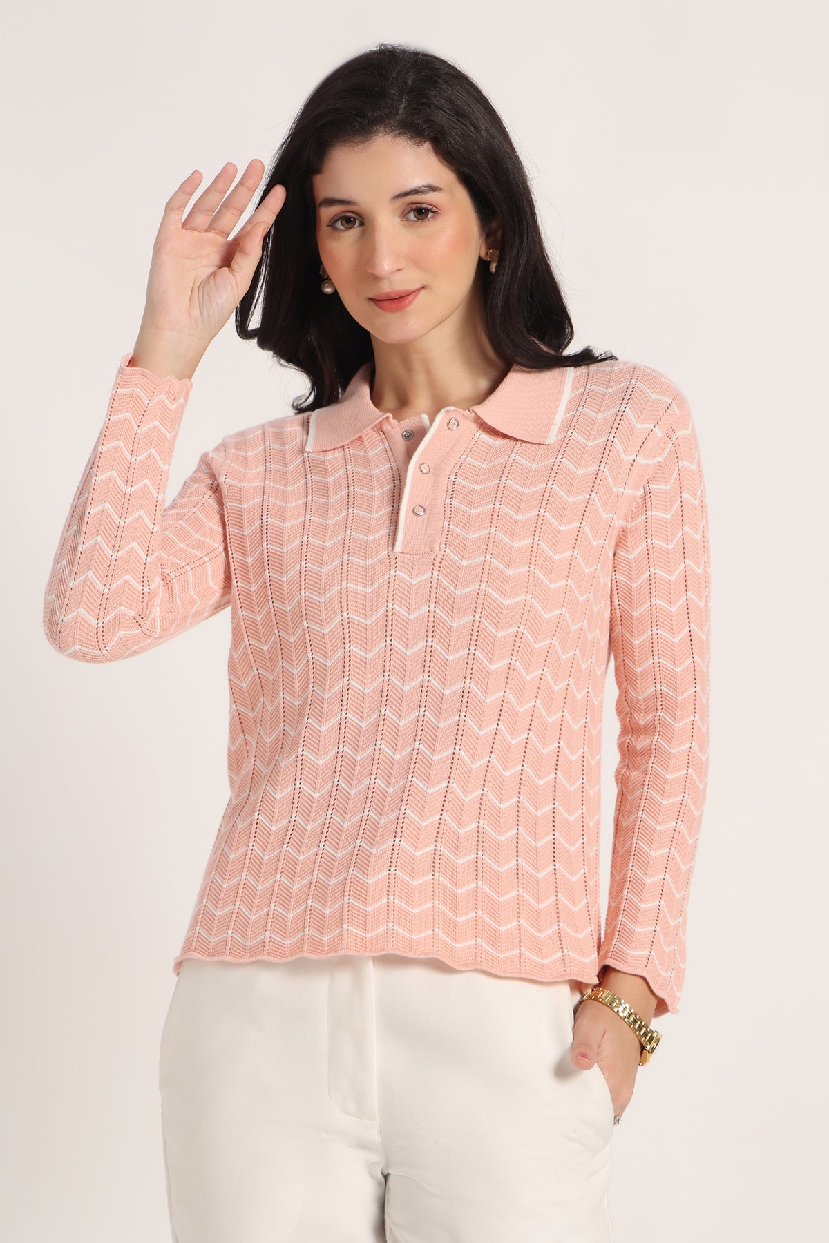Rauth Women Knitted Polo Neck Top | Full Sleeve Chevron Pattern Sweater T-Shirt | Stylish Casual Western Wear