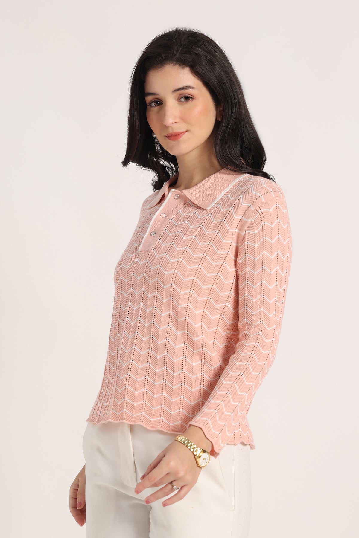 Rauth Women Knitted Polo Neck Top | Full Sleeve Chevron Pattern Sweater T-Shirt | Stylish Casual Western Wear