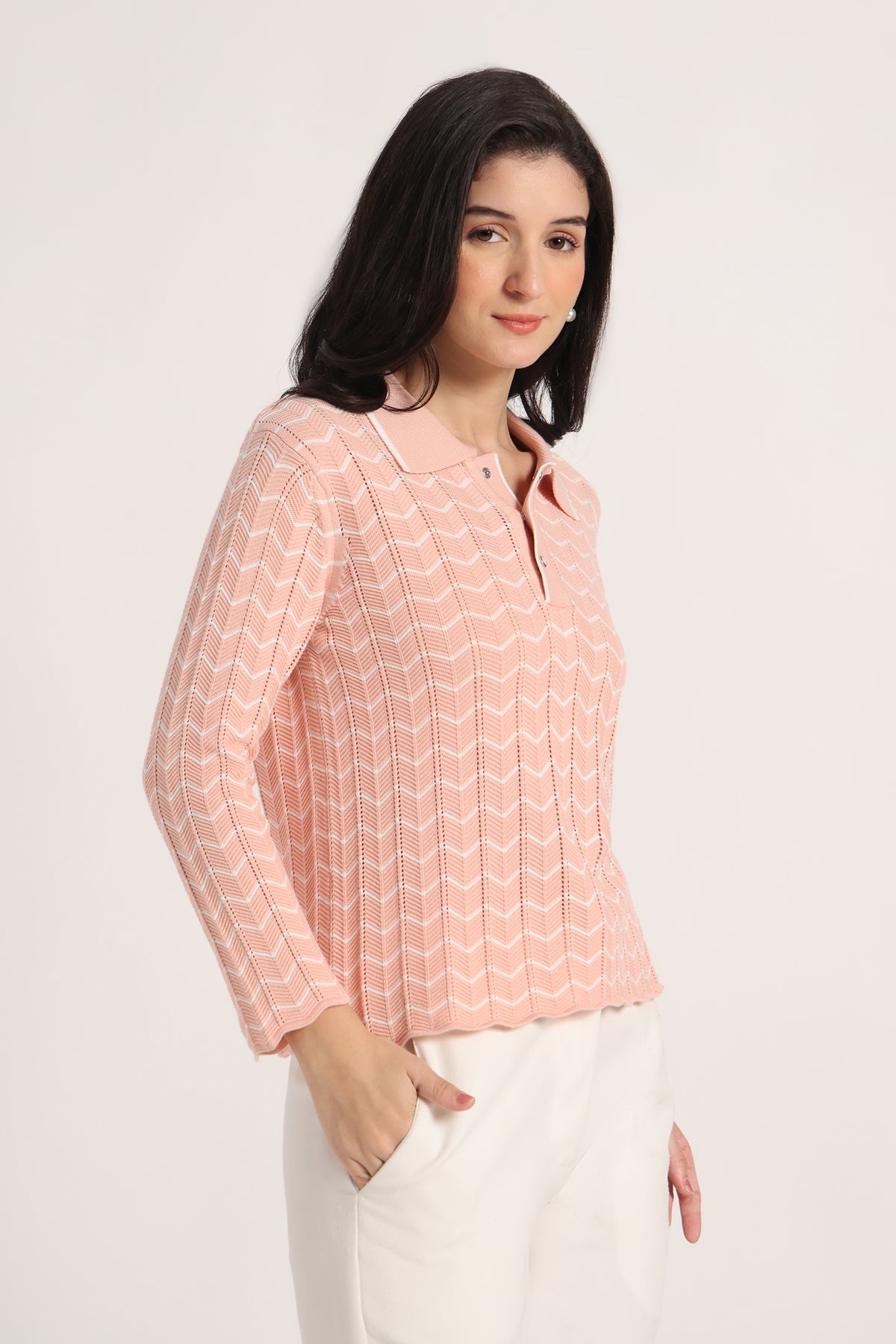 Rauth Women Knitted Polo Neck Top | Full Sleeve Chevron Pattern Sweater T-Shirt | Stylish Casual Western Wear