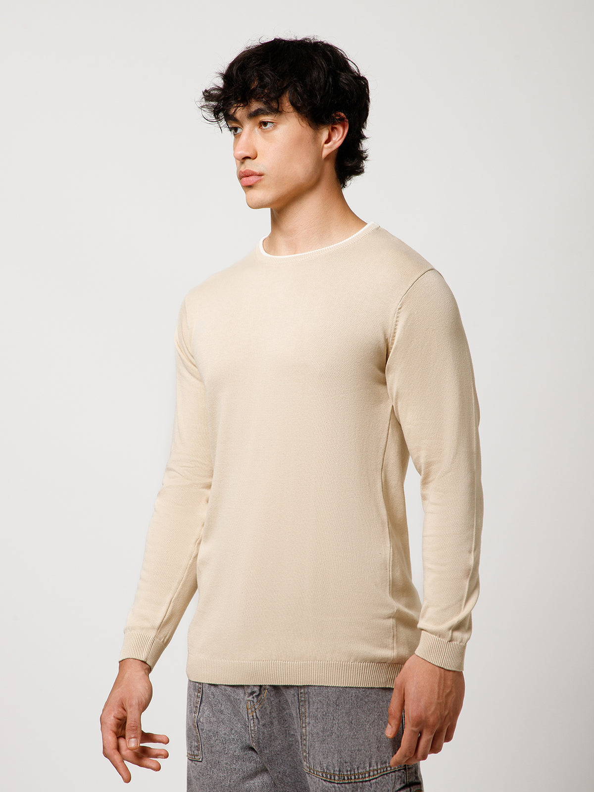 Men Full-Sleeves T-shirt Plain Round Neck 100% Cotton Blend