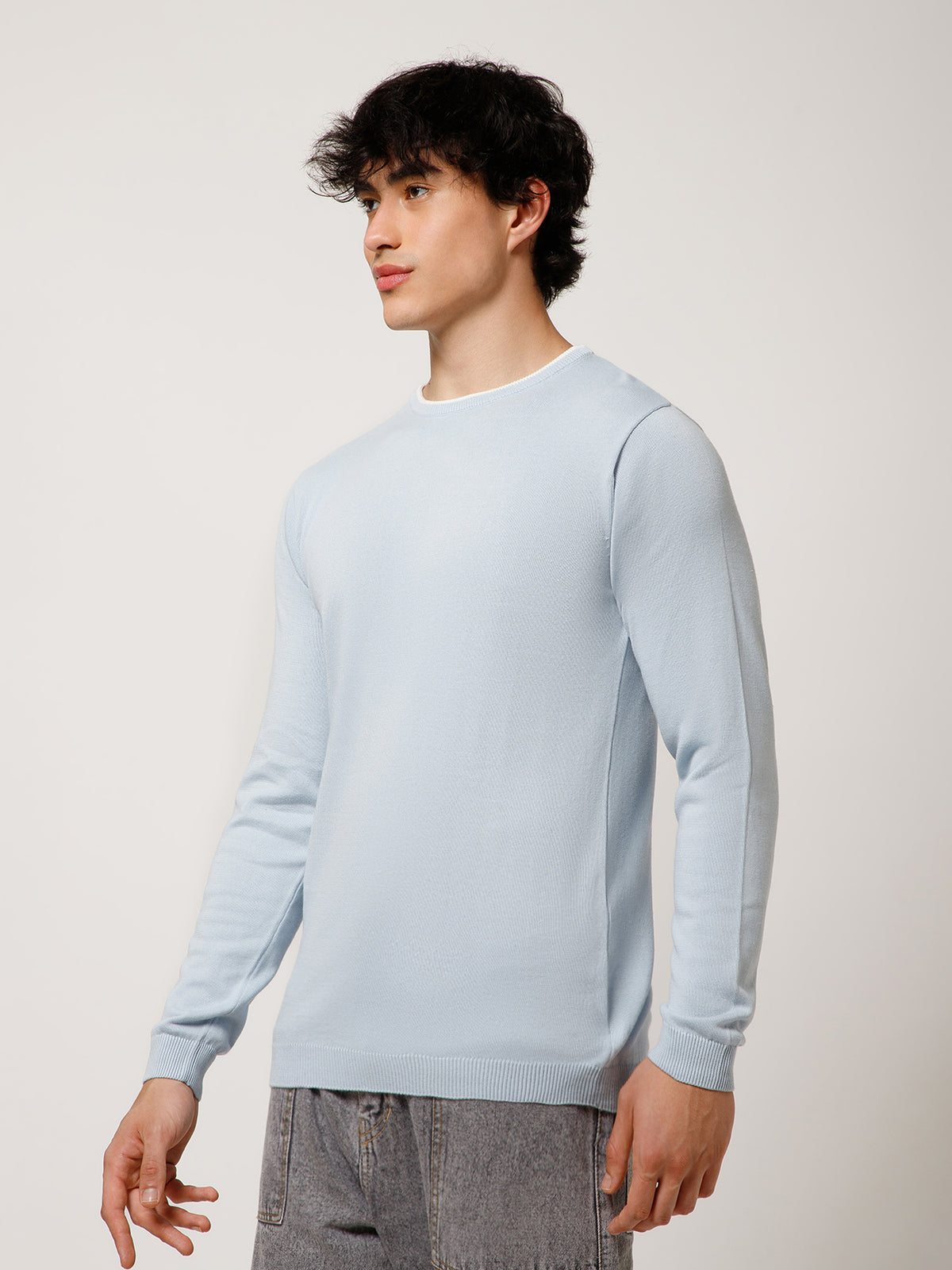 Men Full-Sleeves T-shirt Plain Round Neck 100% Cotton Blend