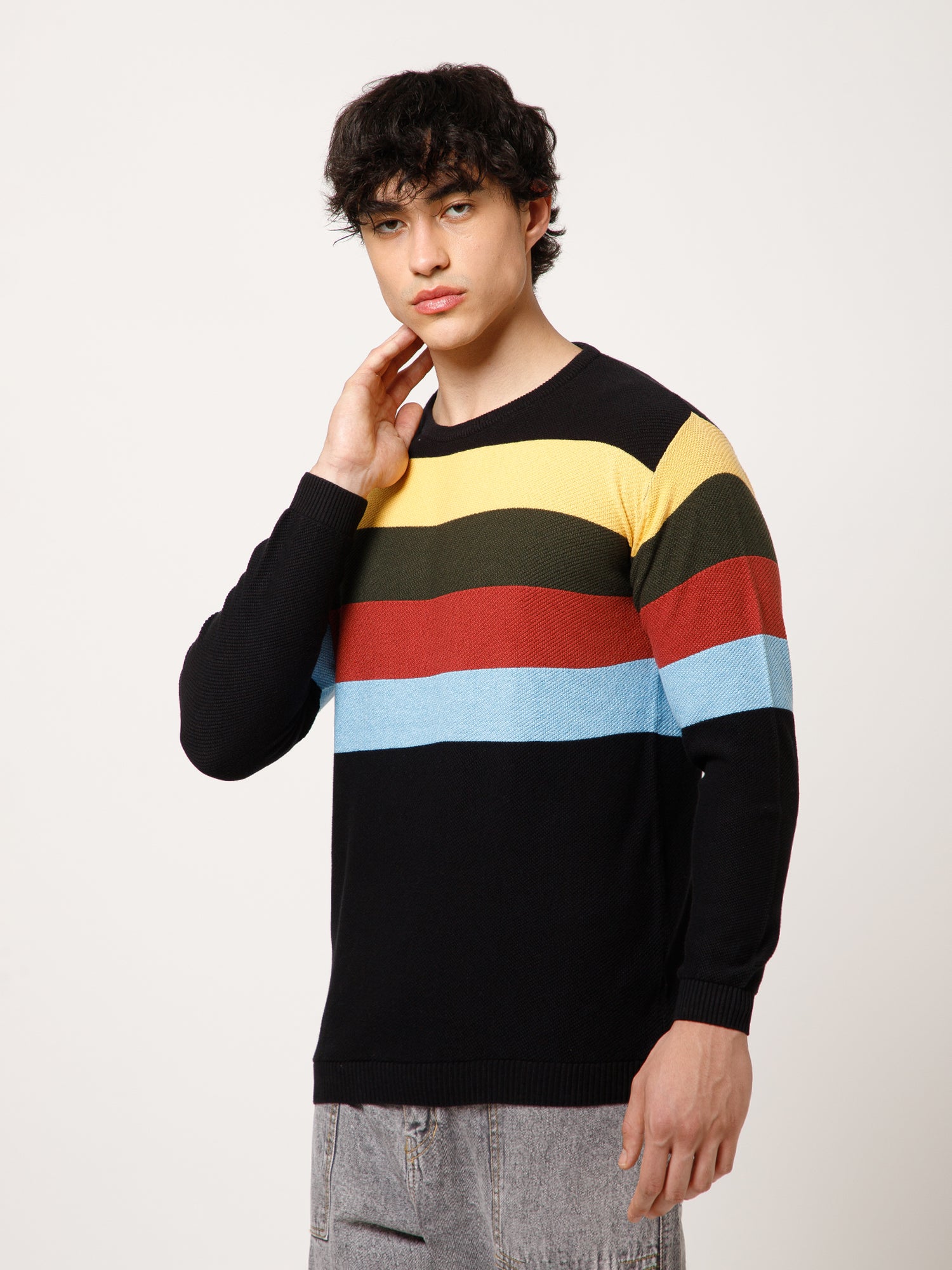 Retro Striped Knit Sweater with Modern Streetwear