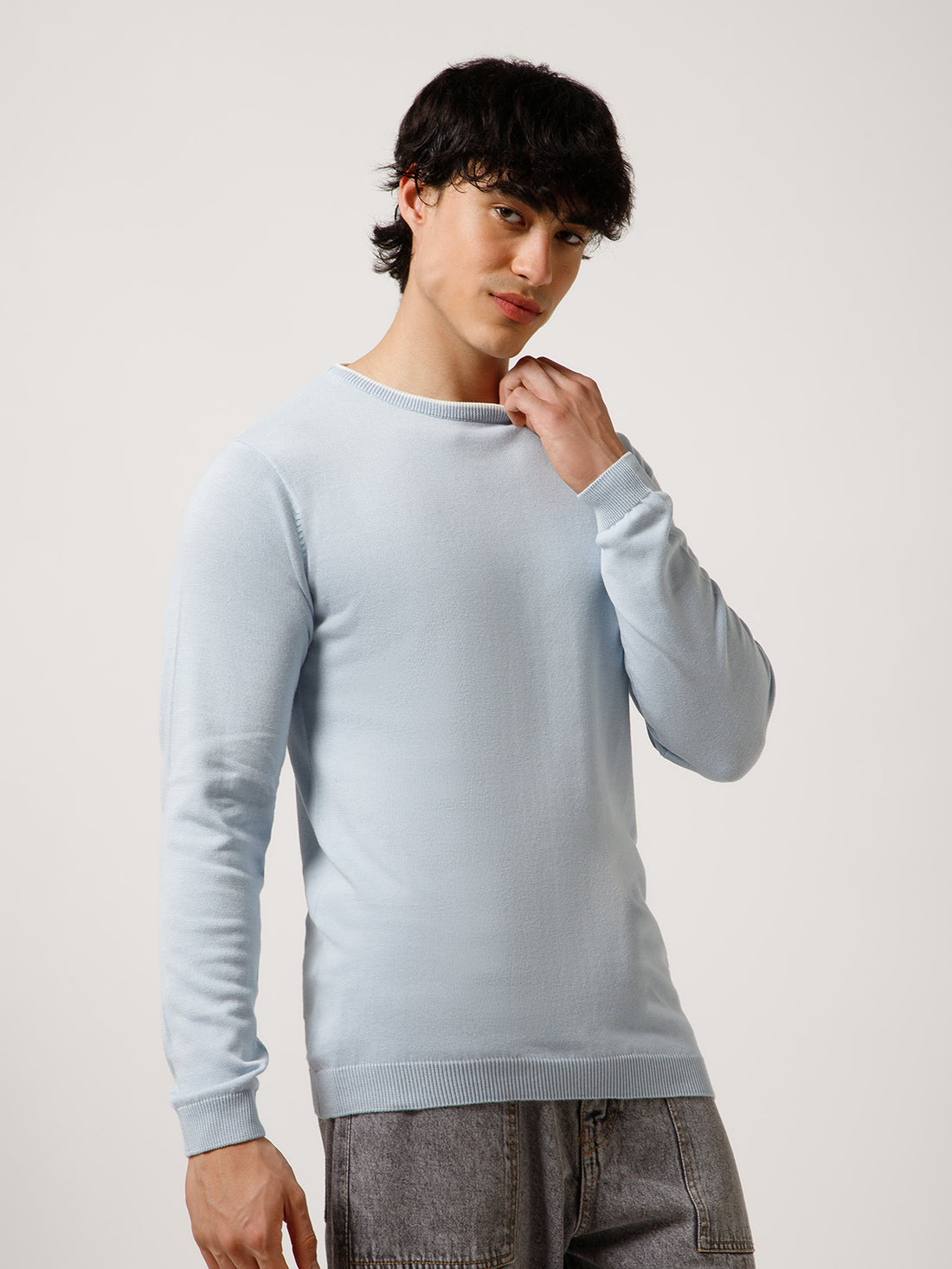 Men Full-Sleeves T-shirt Plain Round Neck 100% Cotton Blend