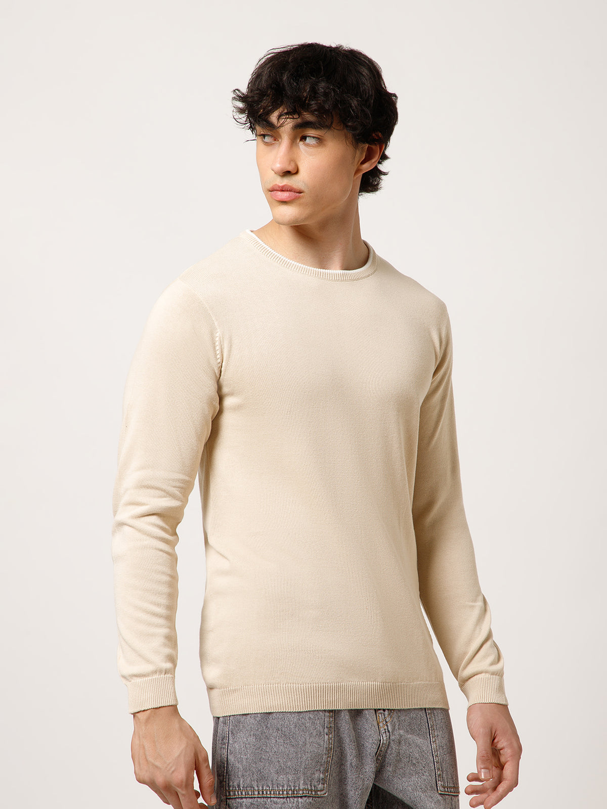 Men Full-Sleeves T-shirt Plain Round Neck 100% Cotton Blend