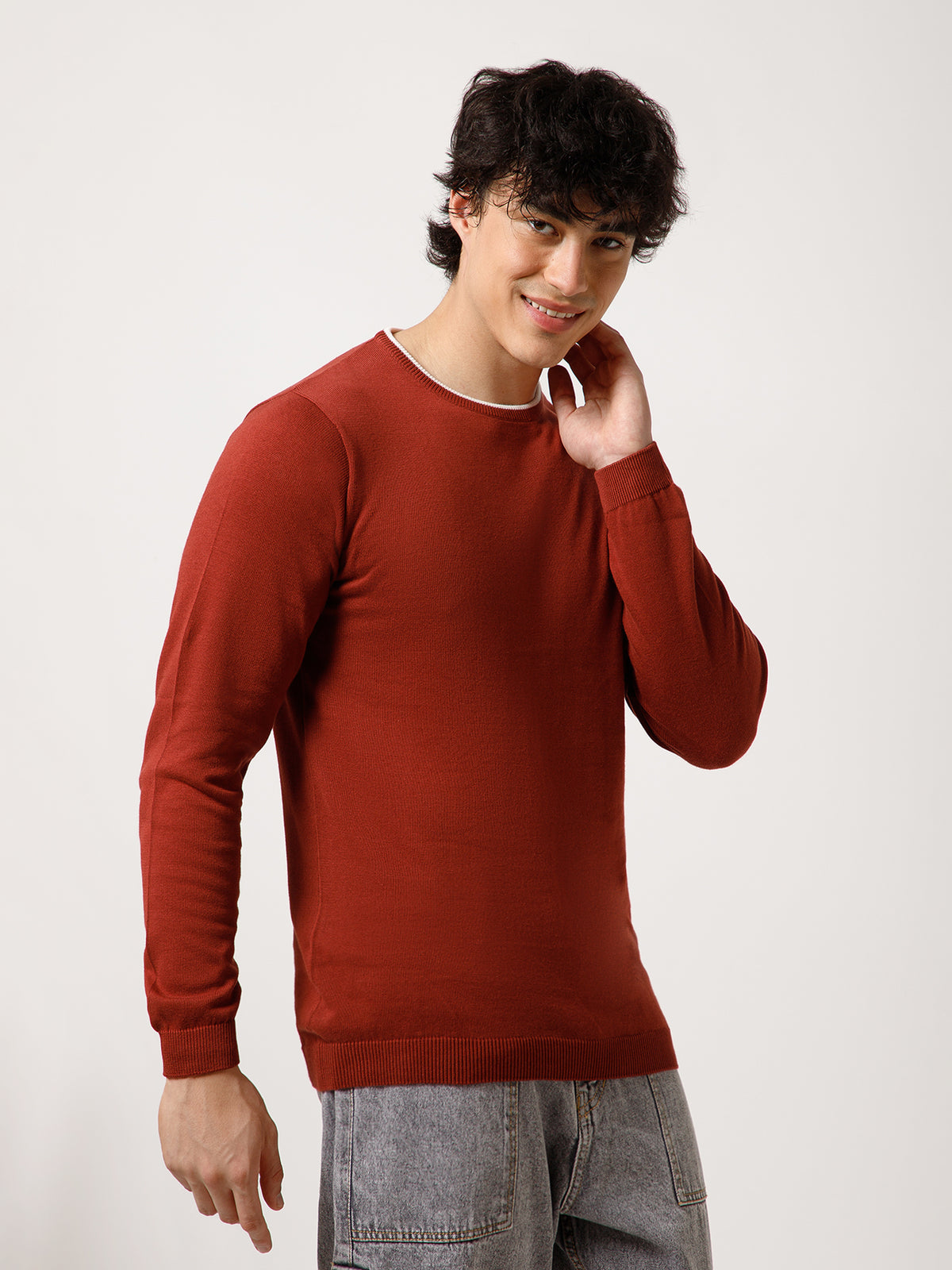 Men Full-Sleeves T-shirt Plain Round Neck 100% Cotton Blend