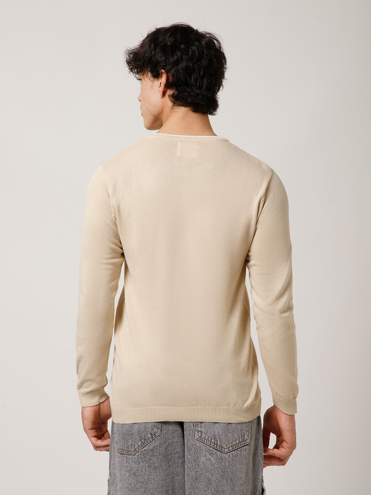 Men Full-Sleeves T-shirt Plain Round Neck 100% Cotton Blend