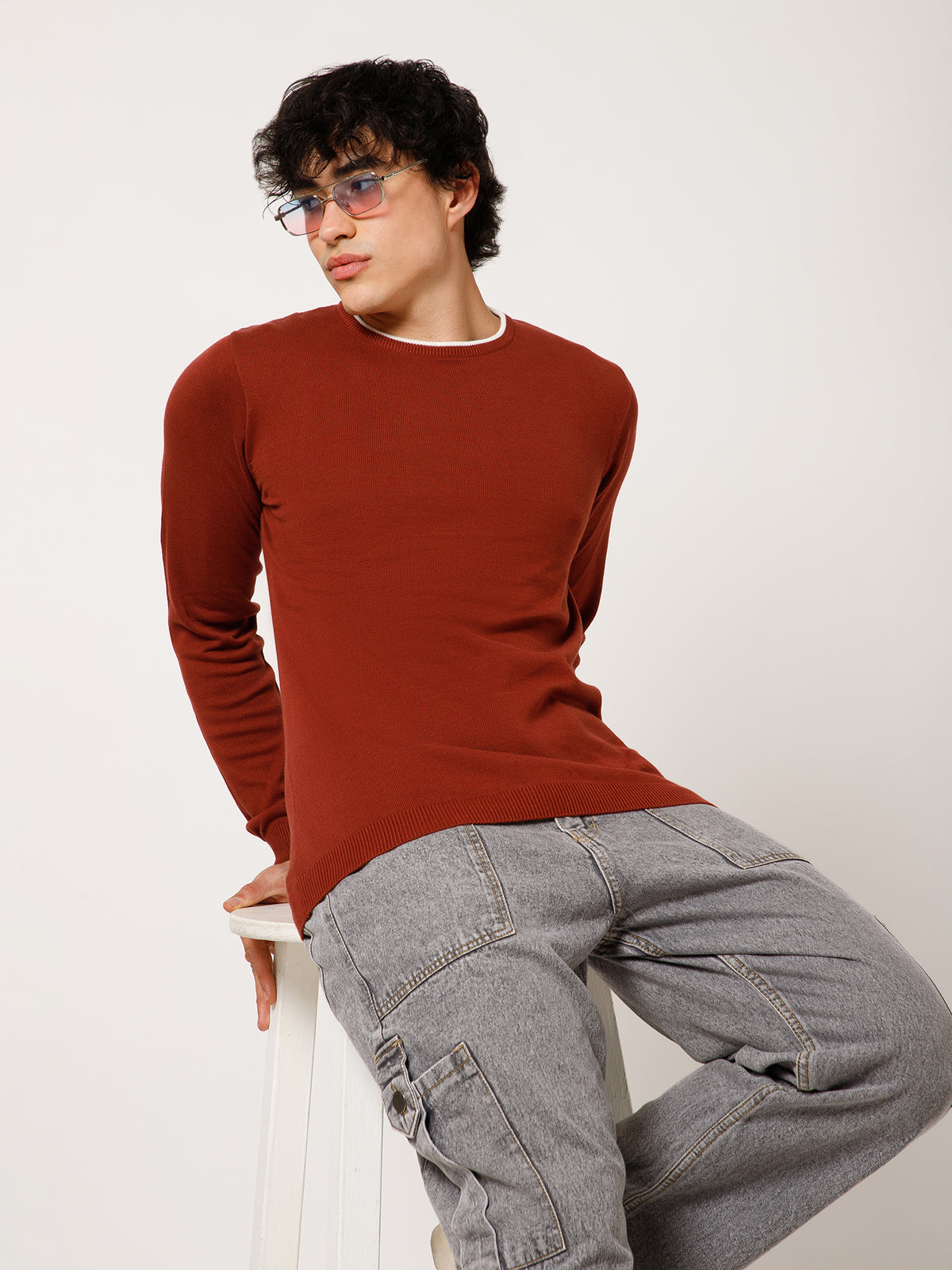 Men Full-Sleeves T-shirt Plain Round Neck 100% Cotton Blend