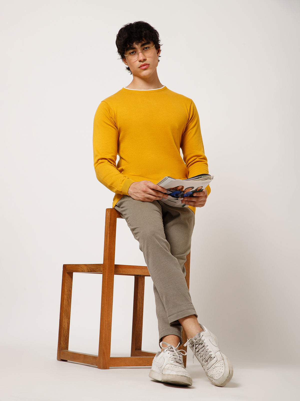 Men Full-Sleeves T-shirt Plain Round Neck 100% Cotton Blend