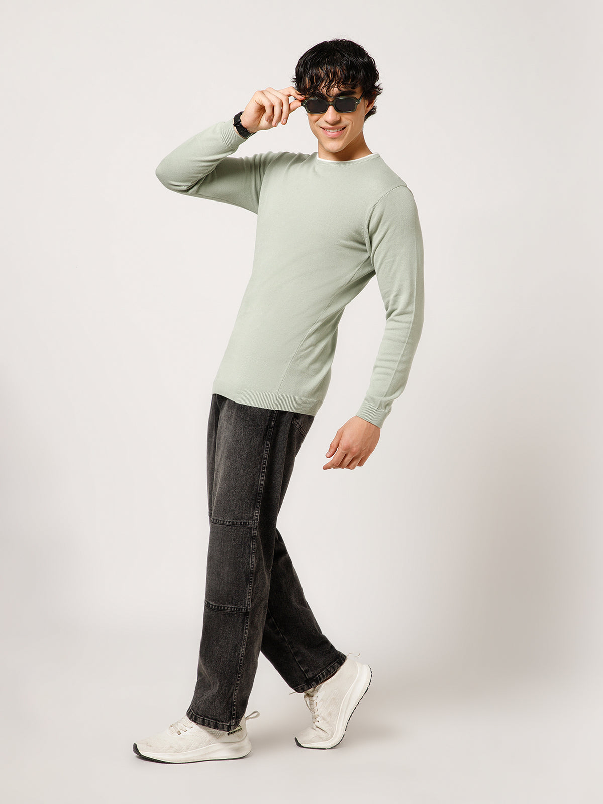 Men Full-Sleeves T-shirt Plain Round Neck 100% Cotton Blend