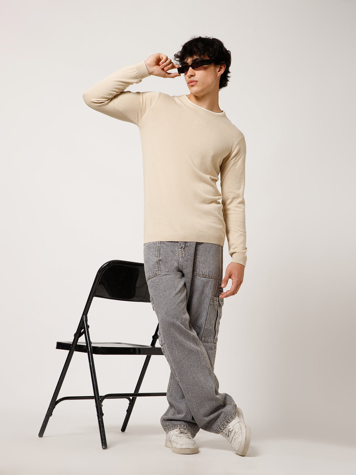Men Full-Sleeves T-shirt Plain Round Neck 100% Cotton Blend