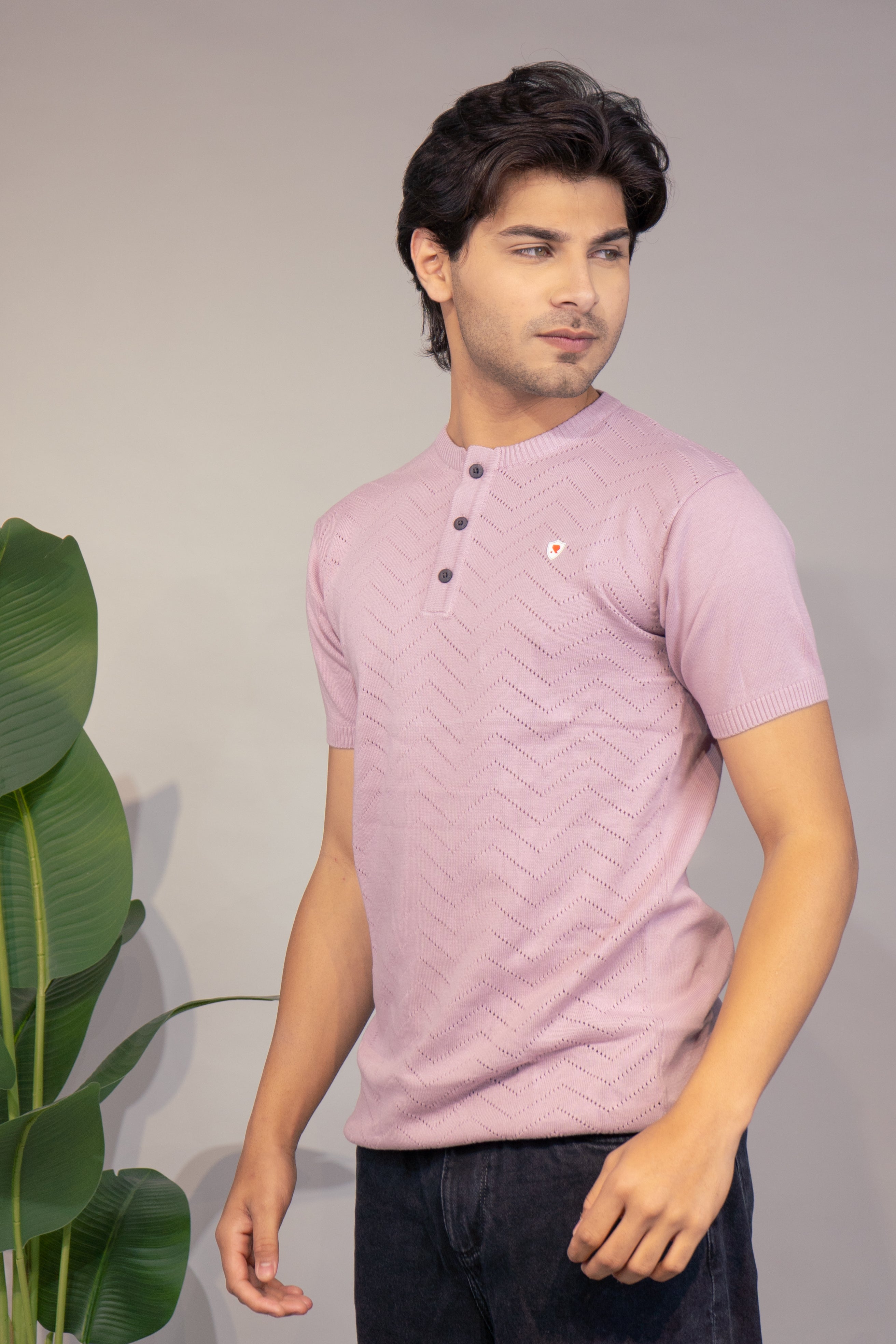 Men Textured T-Shirt | Stylish Henley Neck Half Sleeve Casual T-Shirt for Men | Self Design Zig Zag Knitted Summer Wear T Shirt