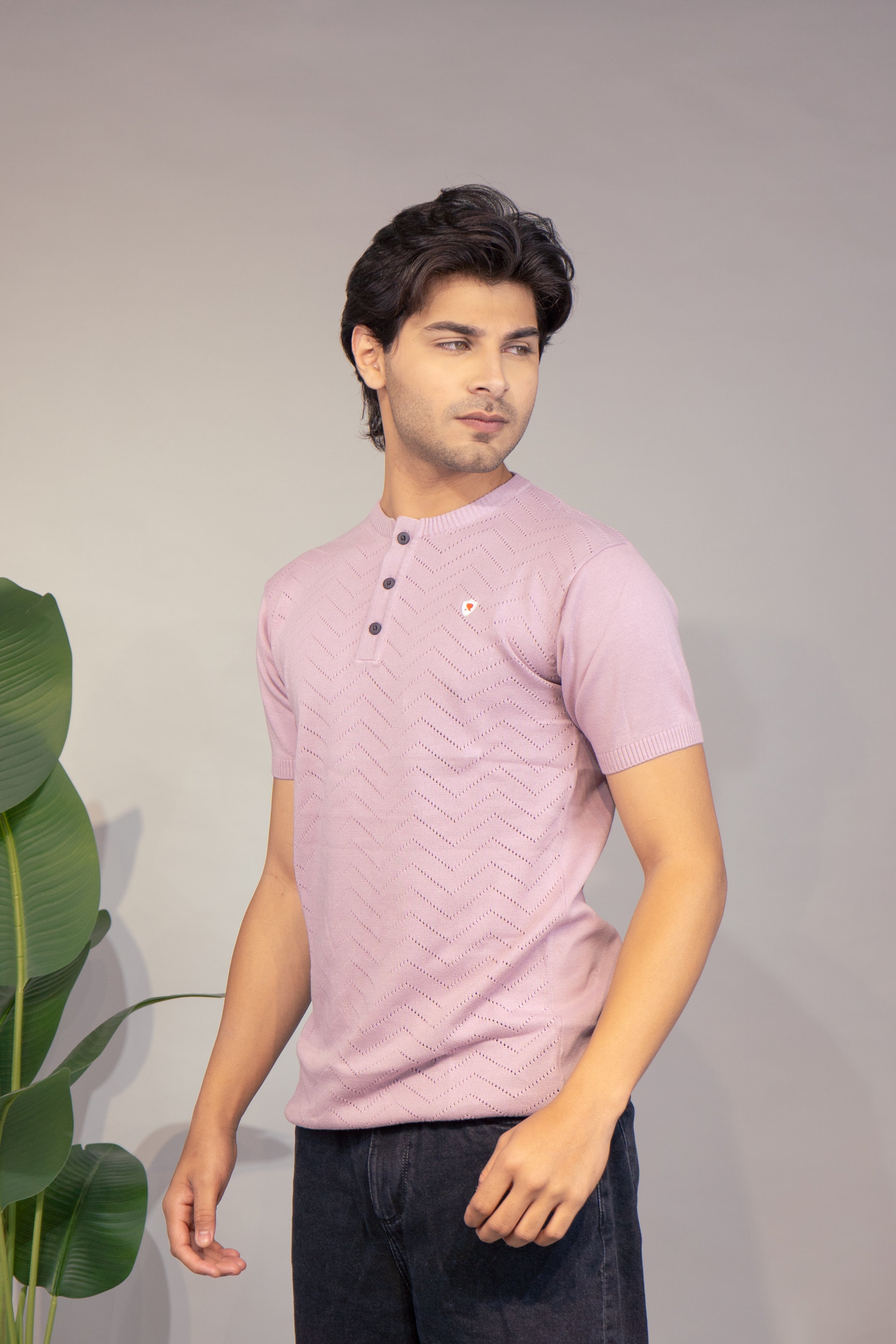 Men Textured T-Shirt | Stylish Henley Neck Half Sleeve Casual T-Shirt for Men | Self Design Zig Zag Knitted Summer Wear T Shirt