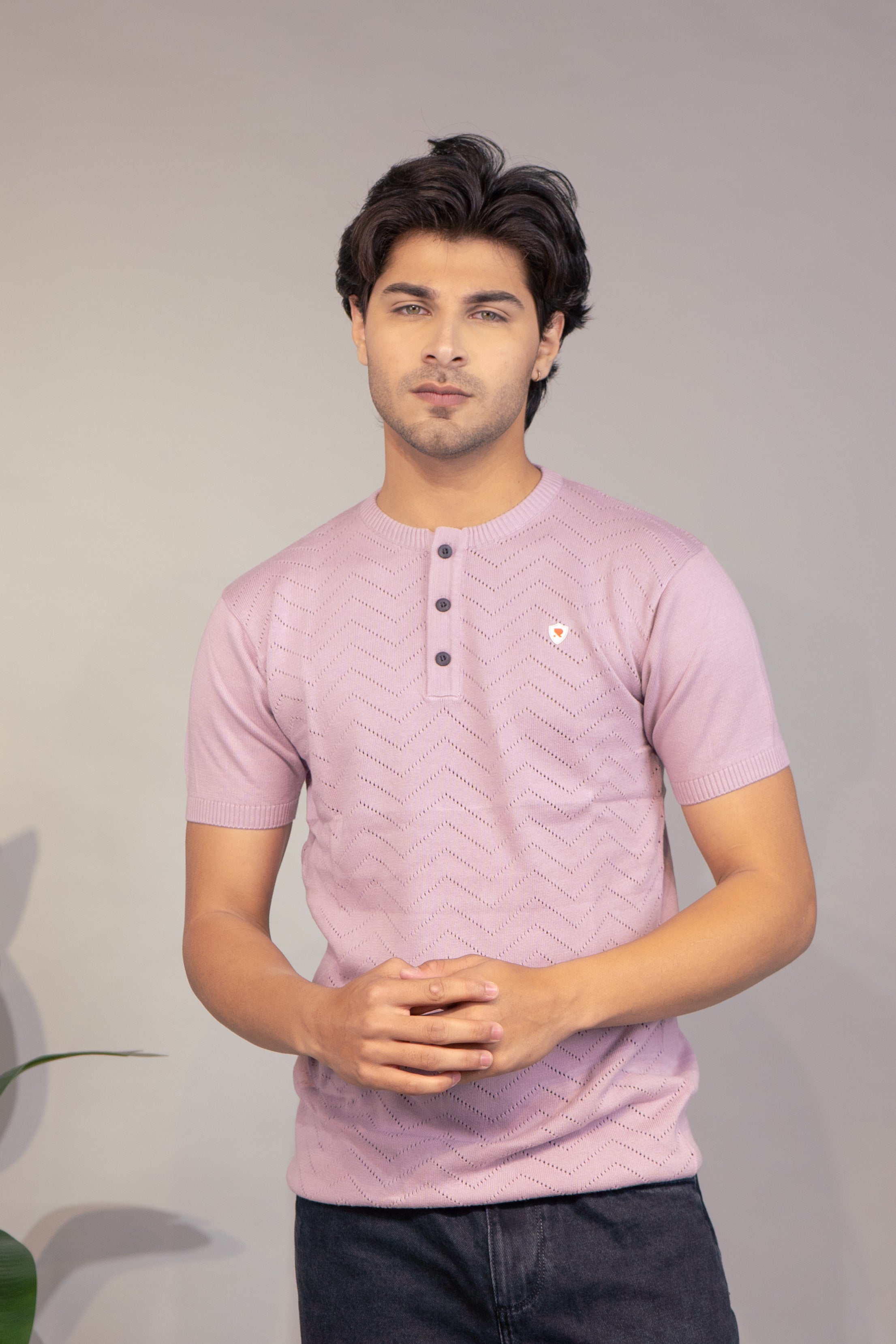 Men Textured T-Shirt | Stylish Henley Neck Half Sleeve Casual T-Shirt for Men | Self Design Zig Zag Knitted Summer Wear T Shirt
