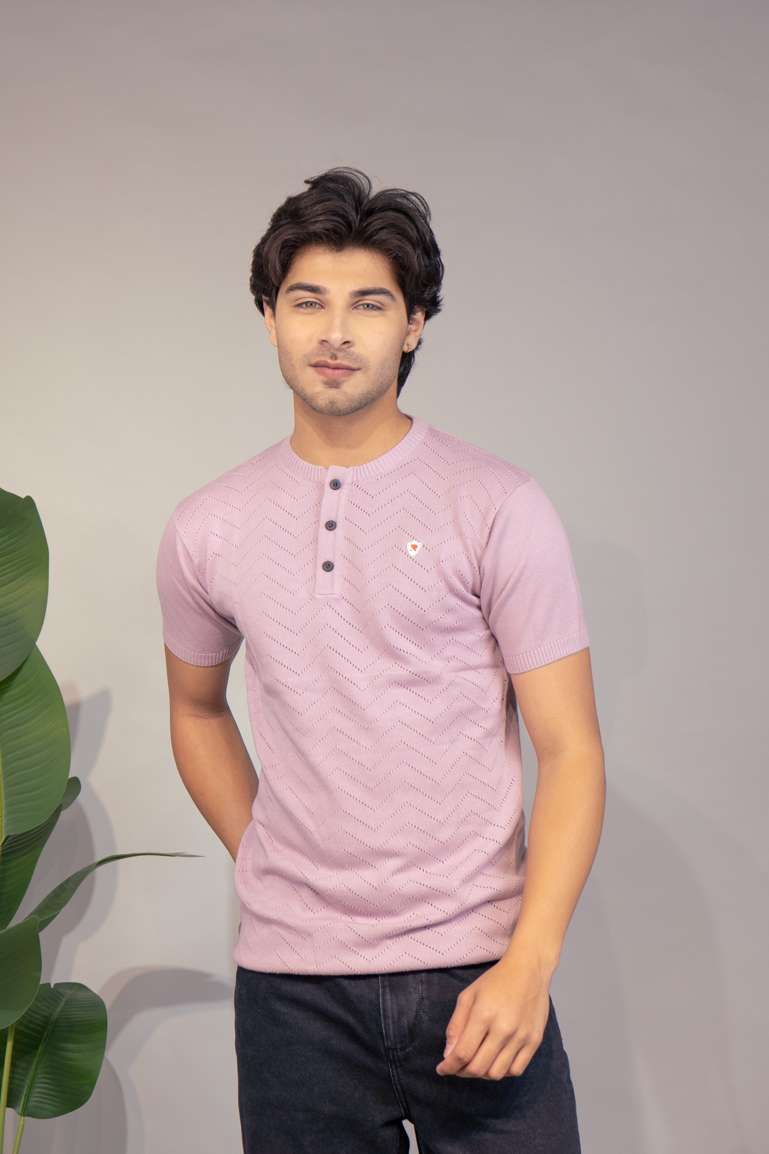 Men Textured T-Shirt | Stylish Henley Neck Half Sleeve Casual T-Shirt for Men | Self Design Zig Zag Knitted Summer Wear T Shirt