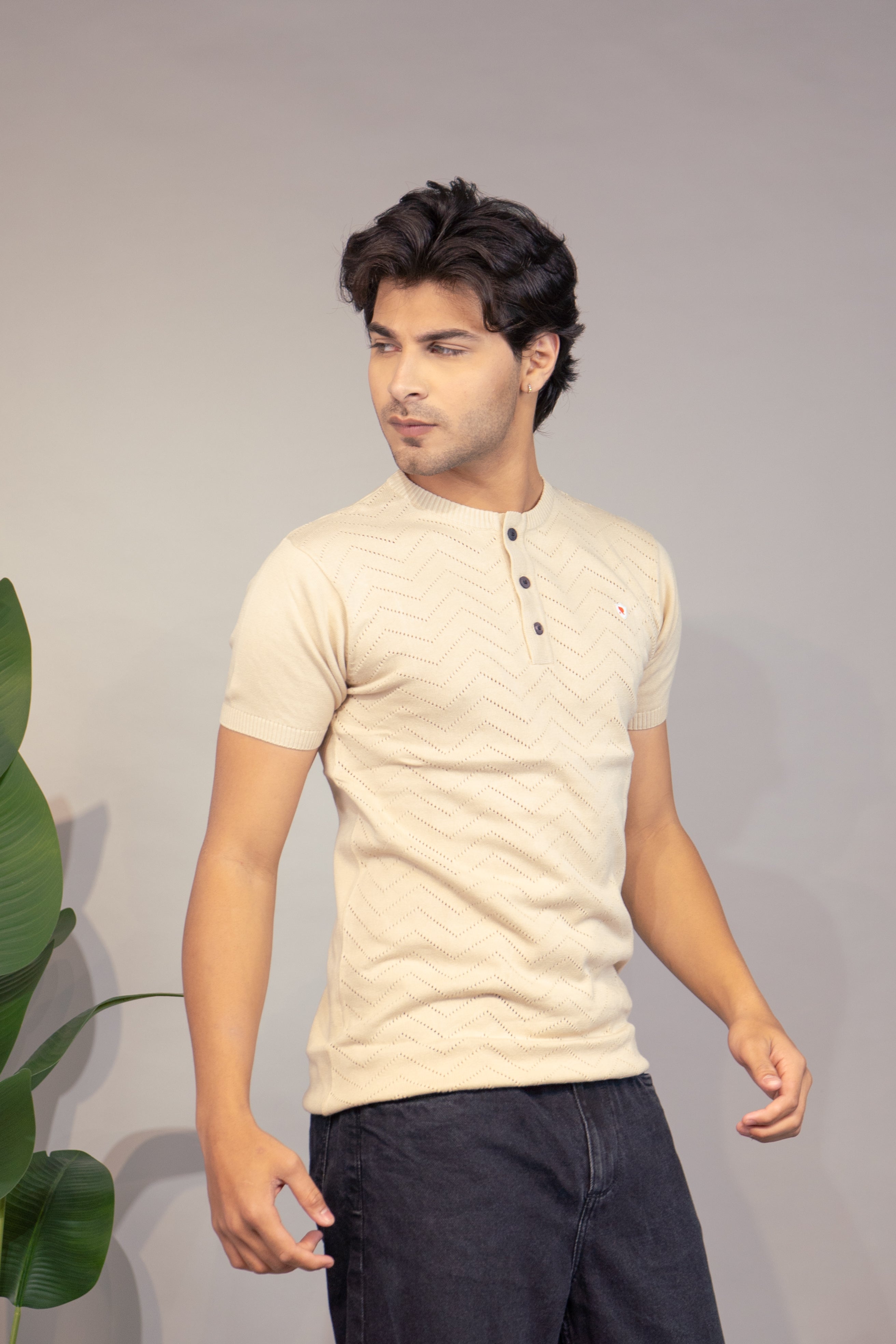 Men Textured T-Shirt | Stylish Henley Neck Half Sleeve Casual T-Shirt for Men | Self Design Zig Zag Knitted Summer Wear T Shirt
